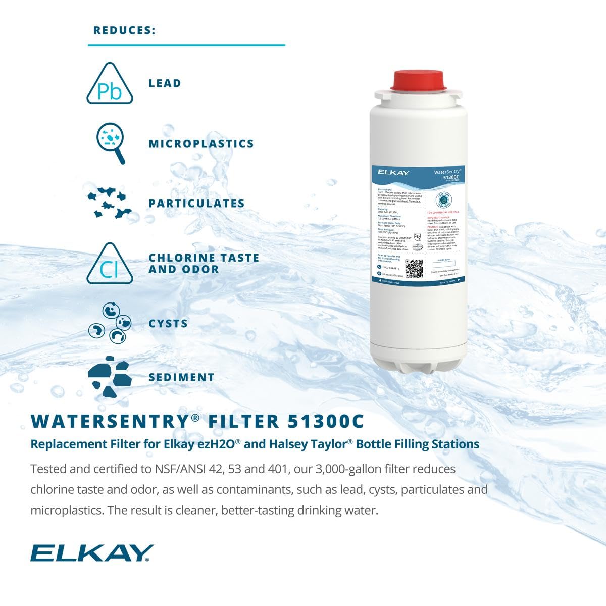 Elkay Genuine WaterSentry 51300C Lead + Microplastics NSF/ANSI Certified Filter (Single)(Bottle Fillers)