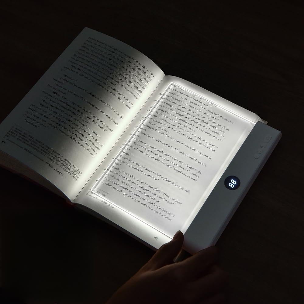 Book Light, Rechargeable Clear LED Flat Book Lights for Reading in Bed at Night with Dimmable 3 Colors & Timer, Full Page Panel Plate Lamp, Study