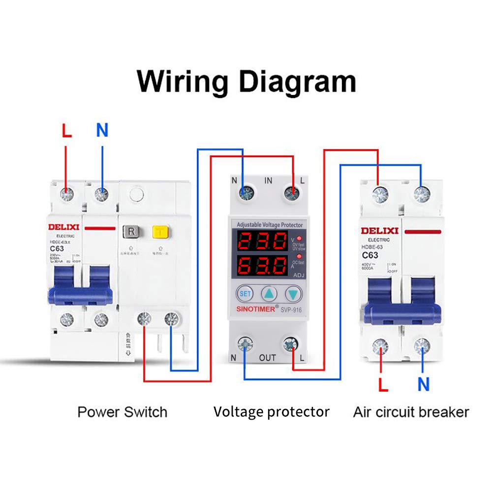 220VAC 60Hz 63A Over/Under Voltage Protection Device Voltage Current Protector, 2 Red LED Displays, Single Phase Low Voltage Monitor, Din Rail