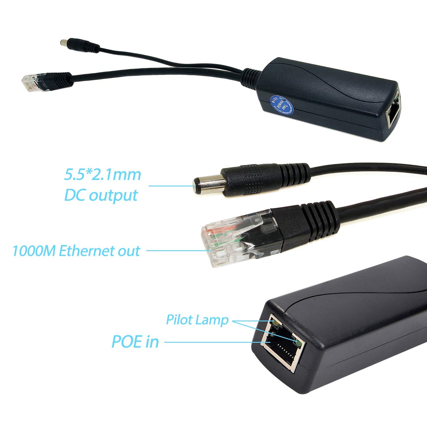 Gigabit PoE Splitter 12V 1A Output, IEEE 802.3af Standard Compliant 10, 100, 1000Mbps Power Over Ethernet Splitter Adapter for Security Camera CCTV