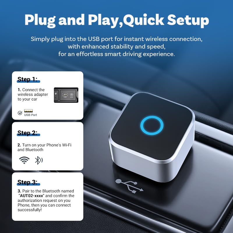 sowkim 2026 Upgraded Wireless CarPlay Adapter, Fast Auto Connect, Stable Connection, Mini Size Plug & Play Adapter for iPhone & Android Auto