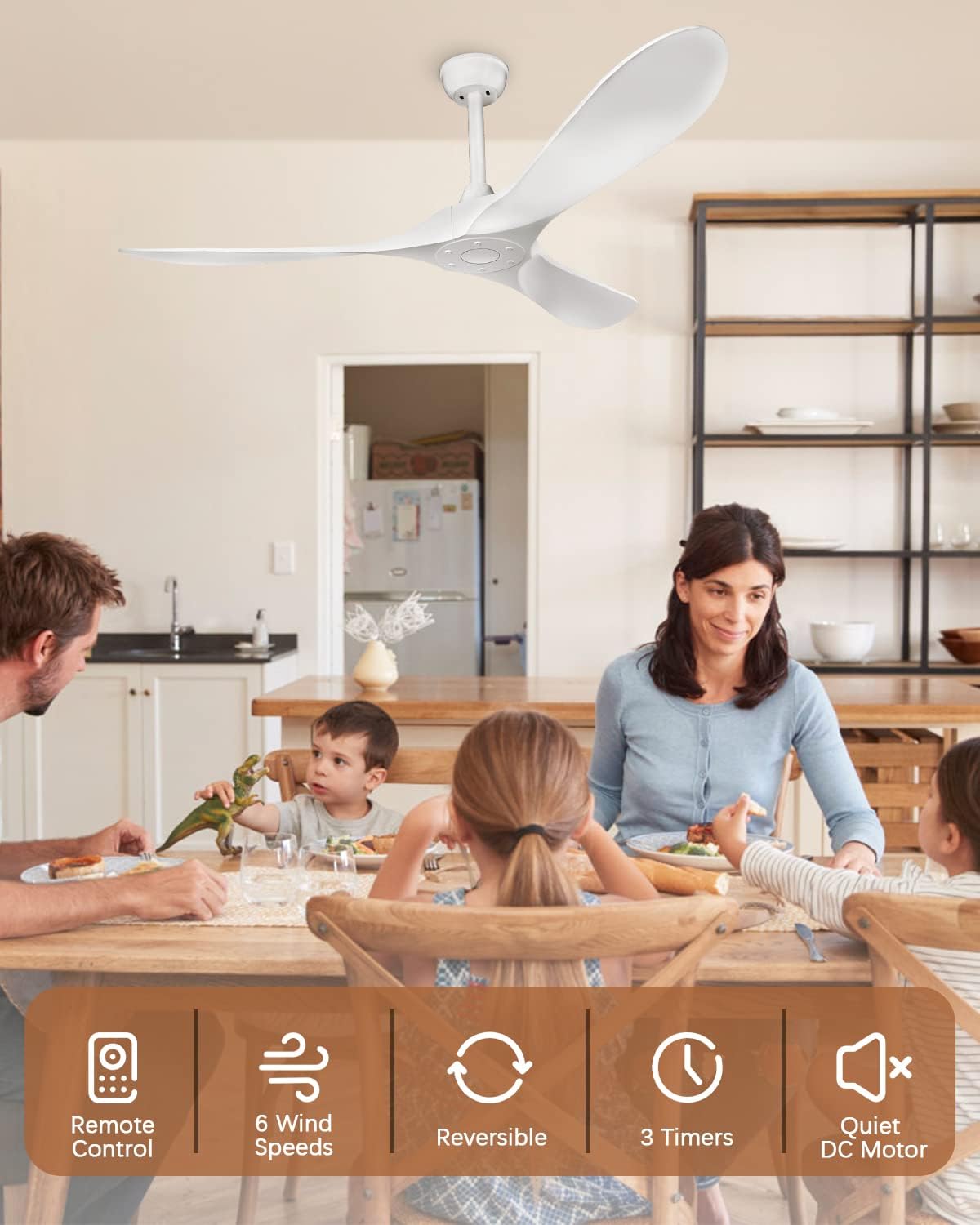 KASASS Ceiling Fan No Light with Remote Control 52inch Outdoor Ceiling Fan without Lights Indoor, 3 Blades Reversible DC Motor Modern Ceiling Fans
