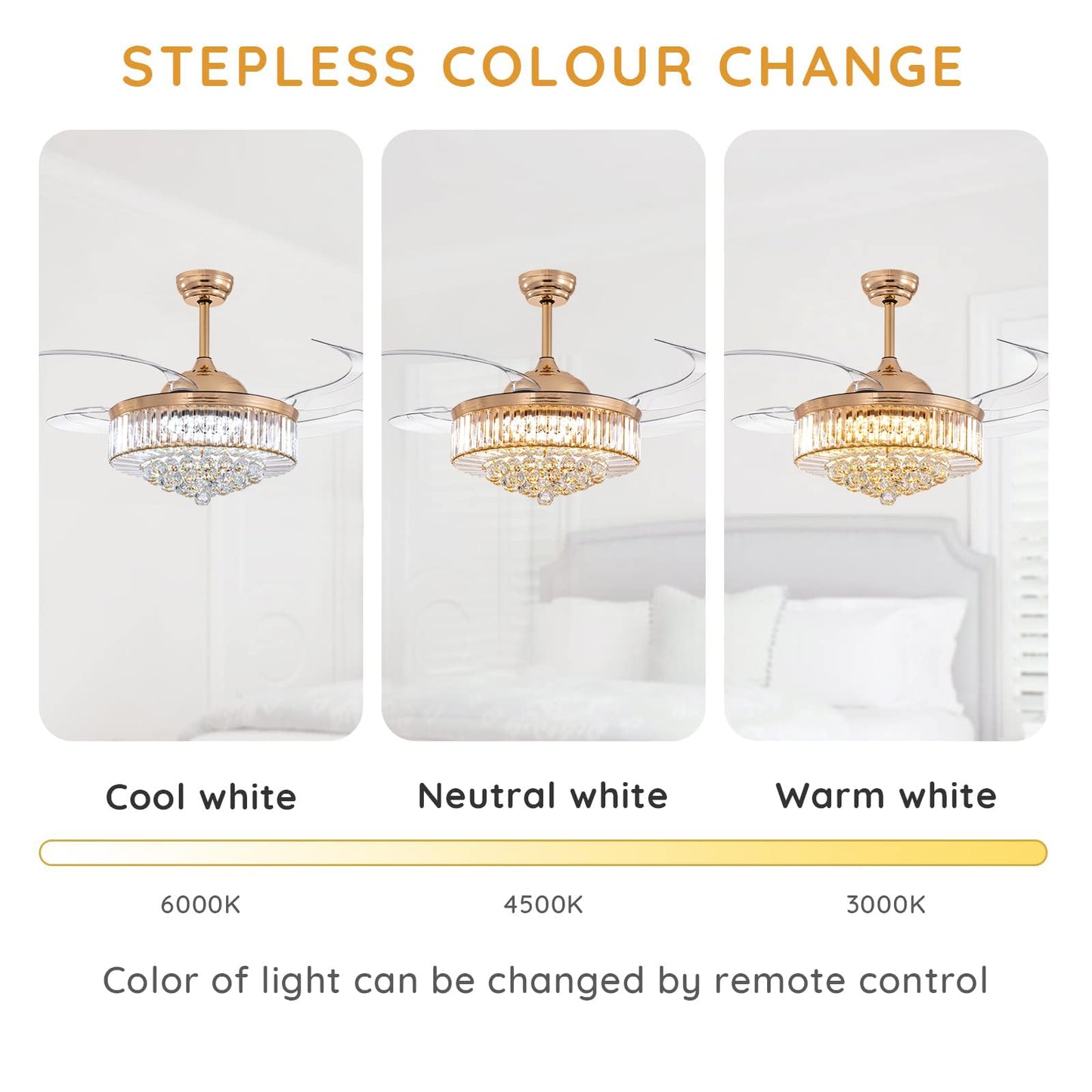 MOOONICHE 48 Inch Crystal Ceiling Fan with Light and Remote Modern Dimmable Fandelier Invisible Retractable Chandelier Fan Gold for Bedroom Living