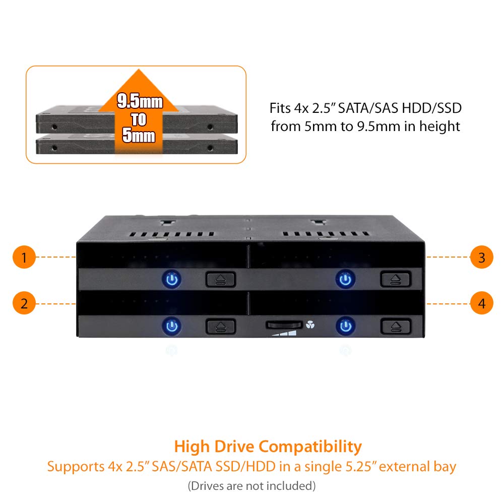ICY DOCK 4 Bay 2.5" SATA/SAS SSD/HDD Hot-Swap Docking Enclosure for 5.25" Bay - flexiDOCK MB014SP-B R1