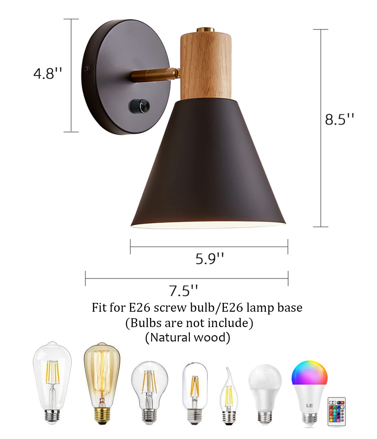 ClanKin Wall Sconces Lighting for Bedroom, Black Adjustable Wood Style Wall Sconce Reading Lamp, Wall Light for Bedroom Hallway Living Room