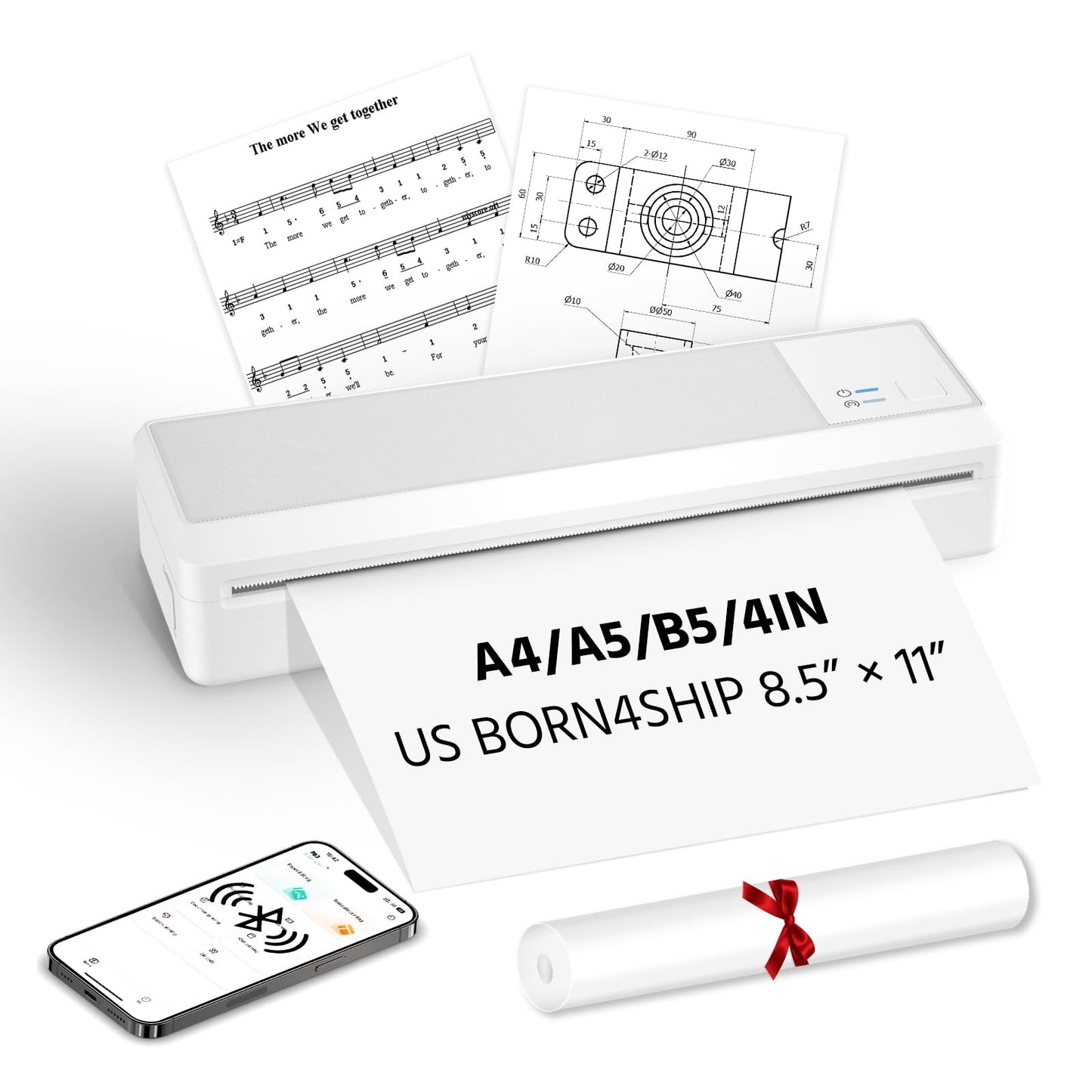 BORN4SHIP Portable Bluetooth Printer - Wireless Thermal Printer, Support Multi-Size Thermal Paper, Compatible with Android and iOS Phone & PC, 300DPI