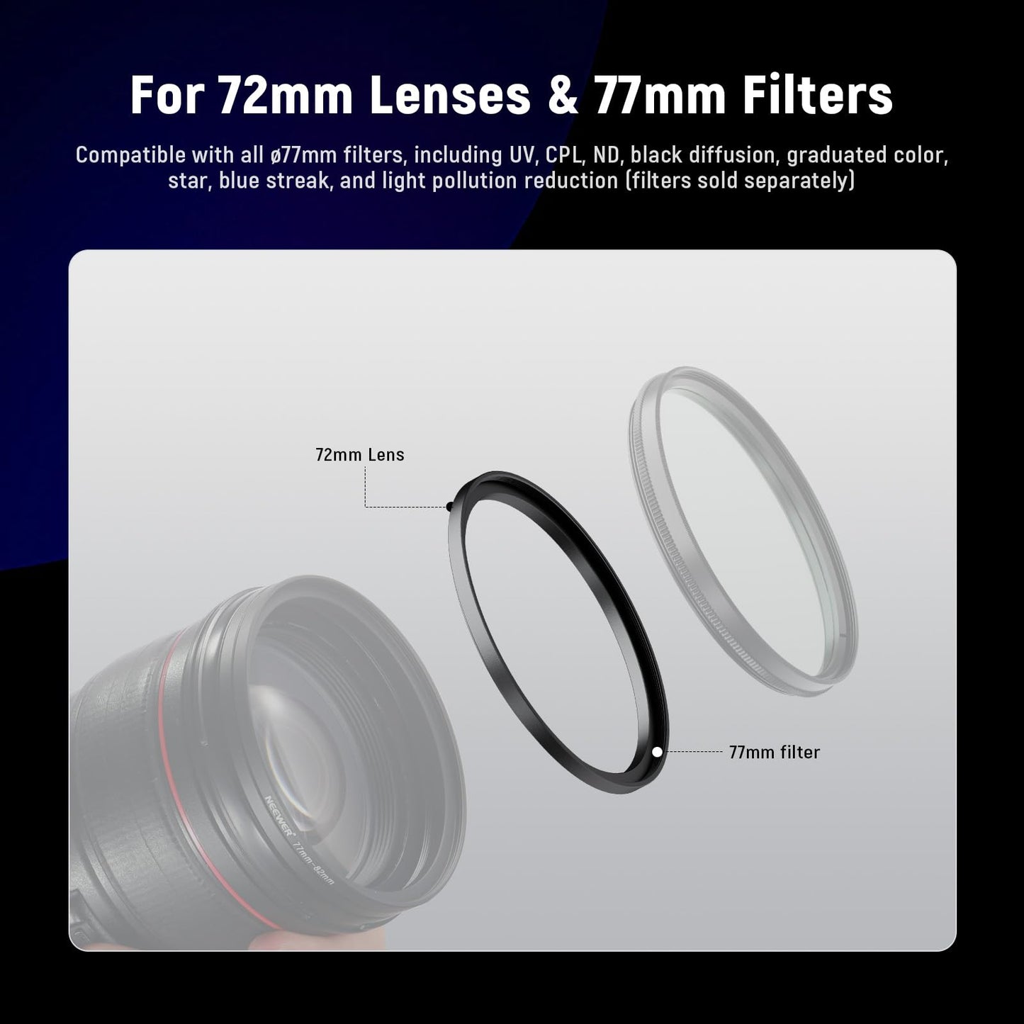 NEEWER 72-77mm Step Up Ring Adapter (2 Pack) with Cleaning Cloth, Ultra Slim Aluminum Alloy Lens Filter Adapter Ring for 72mm Camera Lens to Use 77mm