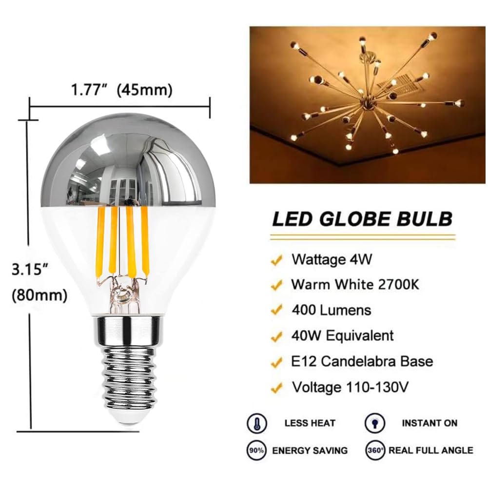 G45 Half Chrome LED Light Bulbs, 4W (40W Eq), E12, 2700K Warm White