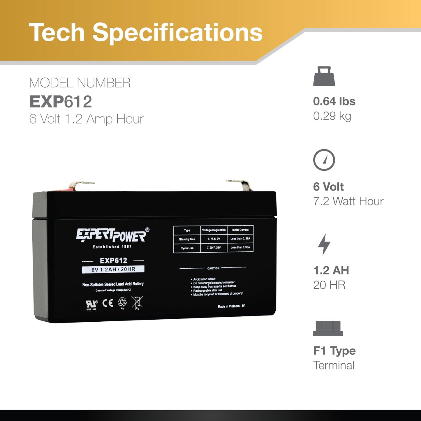 ExpertPower EXP612-1.2Ah 6V Rechargeable Battery, Alarm Battery Replacement for Security System, Home Alarm, GE XT Backup, Replaces DJW6-1.2, 6V1.3AH…