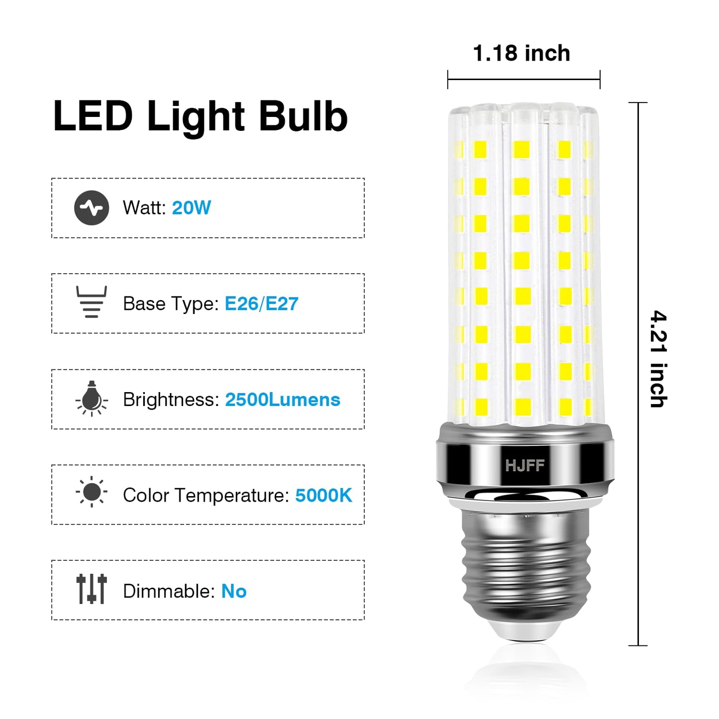 HJFF 6 Pack LED Corn Light Bulb 200w Equivalent 2500 Lumen 5000K Cool Daylight White 20W E26/E27 Base Non-dimmable Ceiling Fan Led Light Bulb for Home