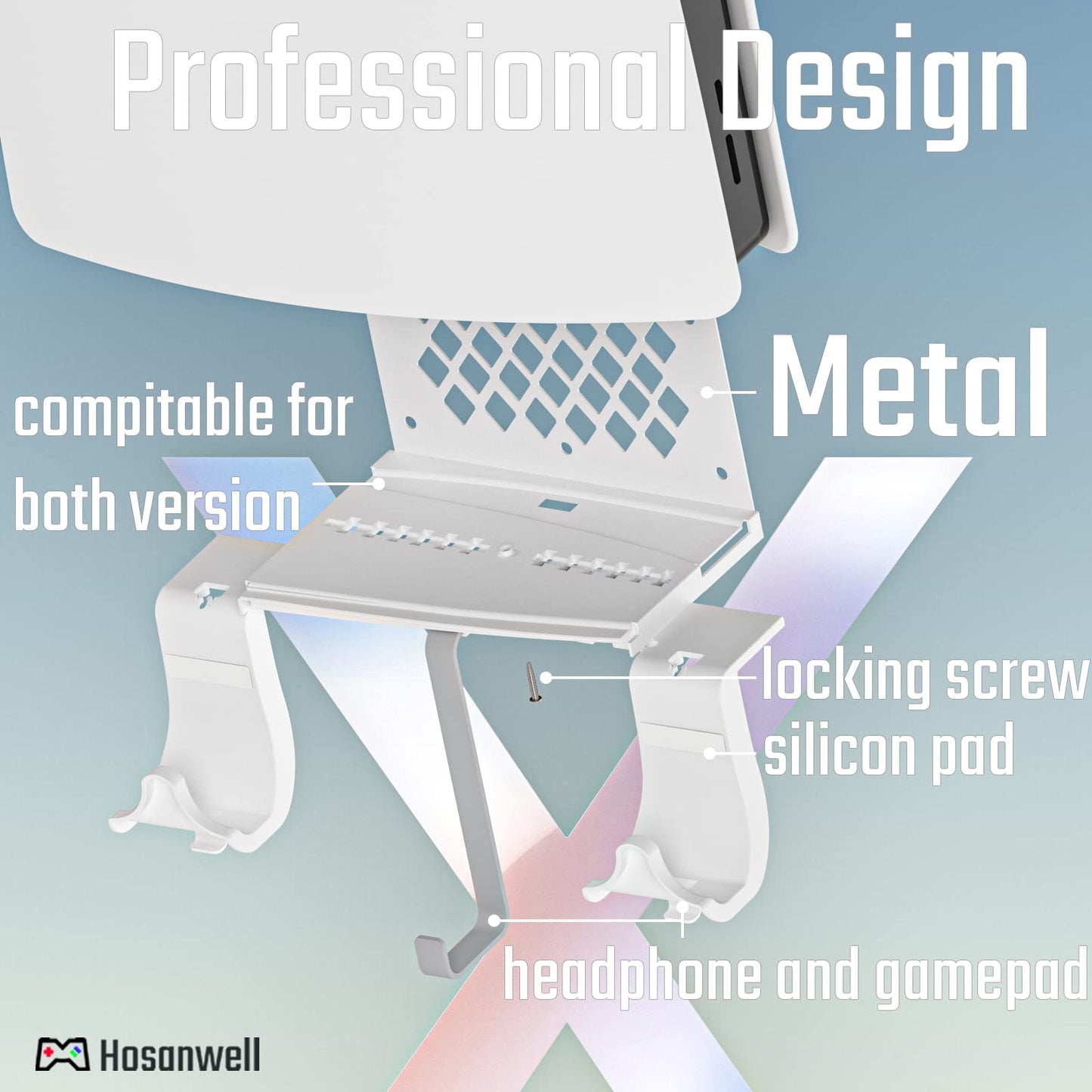 Hosanwell PS5 Wall Mount, PS5 Wall Mount Kit with 2 Detachable Controller Holder and Headphone Mount, Solid Metal with Accessories Easy