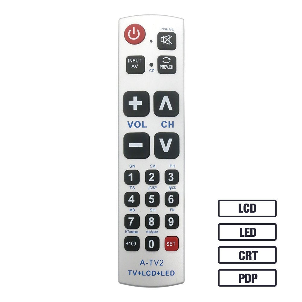 LuckyStar Big Button Universal Remote Control A-TV2, Initial Setting for Lg, Vizio, Sharp, Zenith, Panasonic, Philips, RCA - Put Battery to Work, No