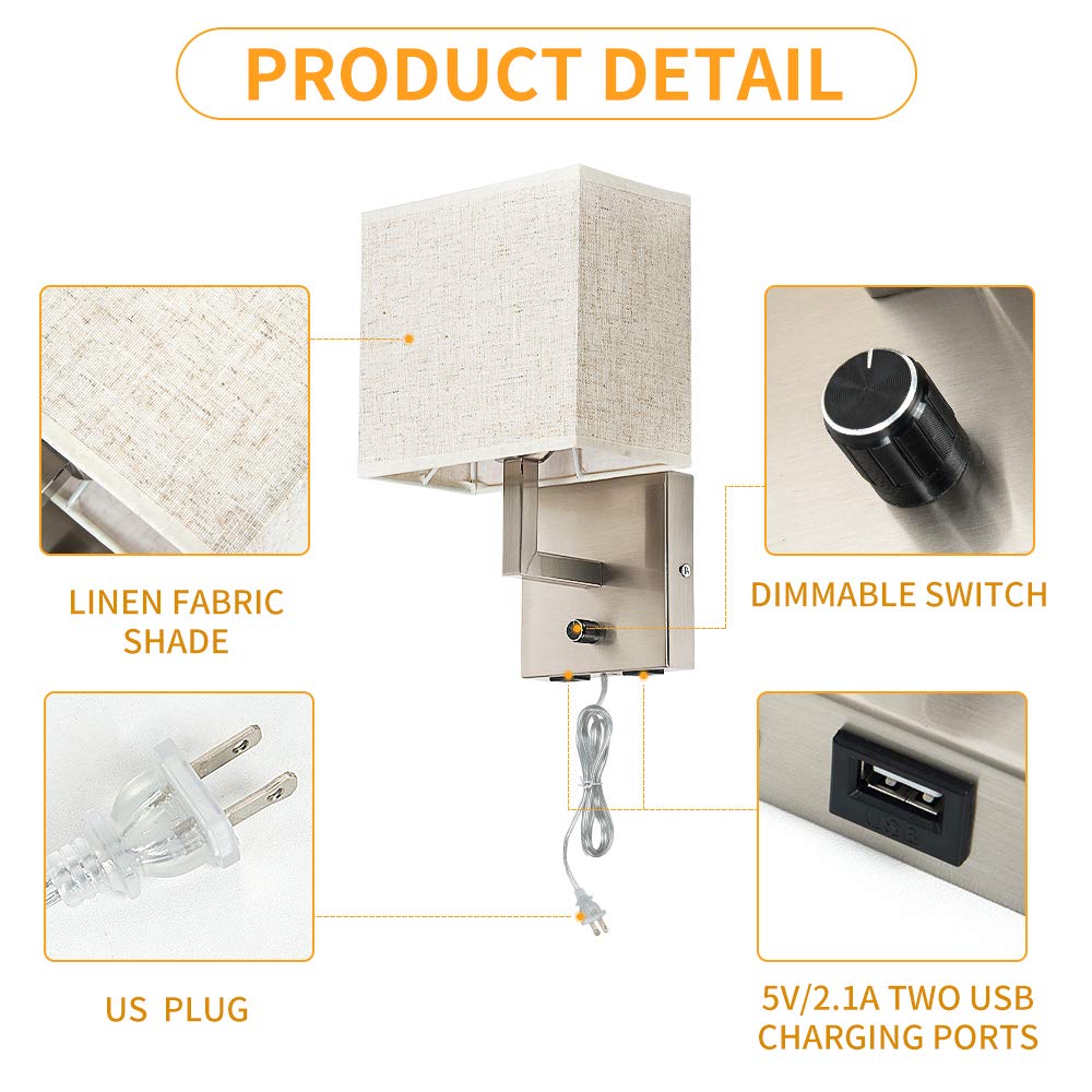 Bedside Wall Mount Light with Dimmer Switch and Two USB Charging Port,Fabric Linen Shade Wall Sconces Light with Plug in Cord and Satin Nickel Finish