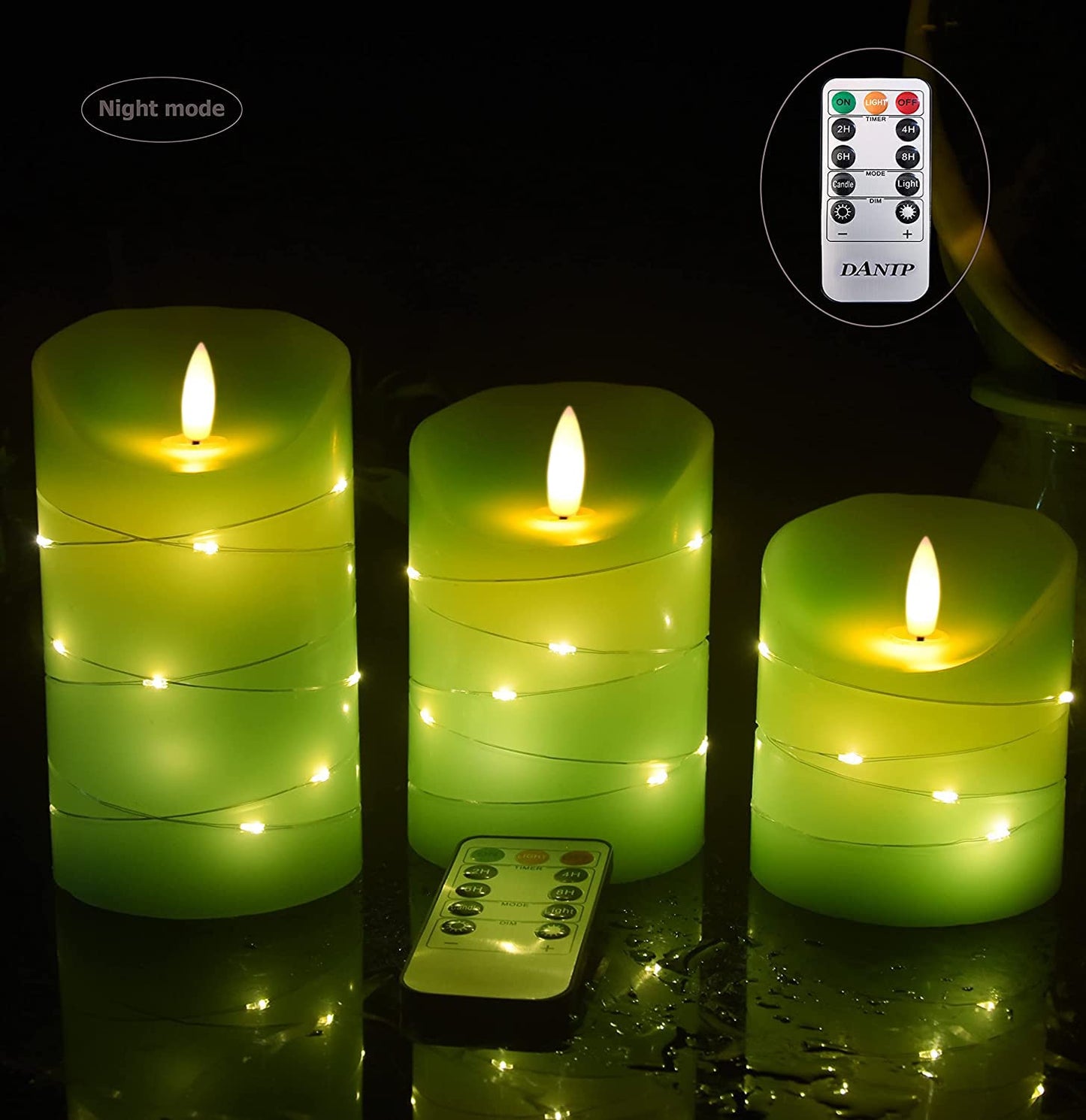 Green LED flameless Candle with Embedded Starlight String, 3 LED Candles, 10-Key Remote Control, 24-Hour Timer Function, Dancing Flame, Real Wax