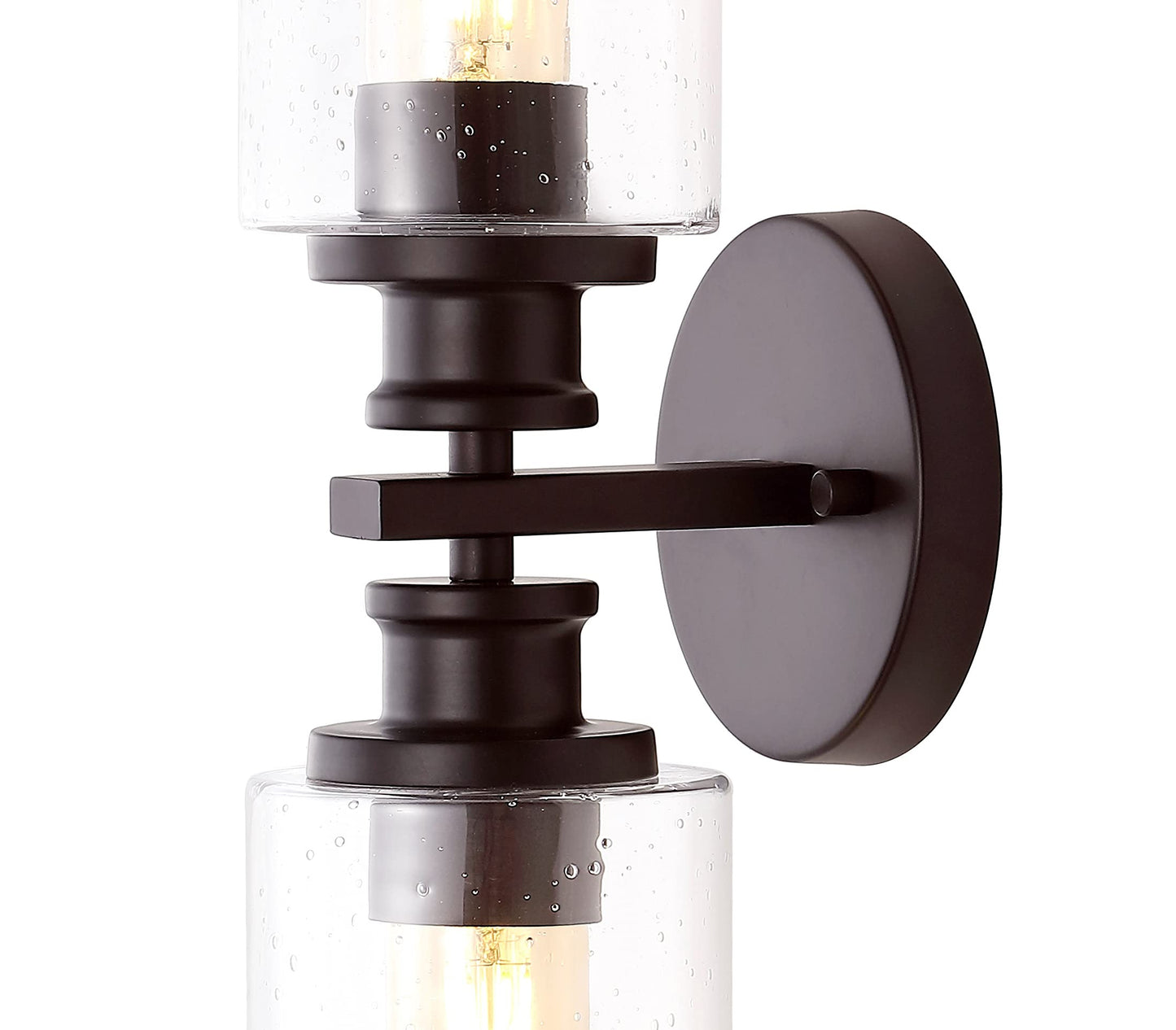 JONATHAN Y 16.5" Oil Rubbed Bronze 2-Light LED Wall Sconce, Modern Farmhouse Vanity Light with Seeded Glass Shade, Industrial Iron Fixture