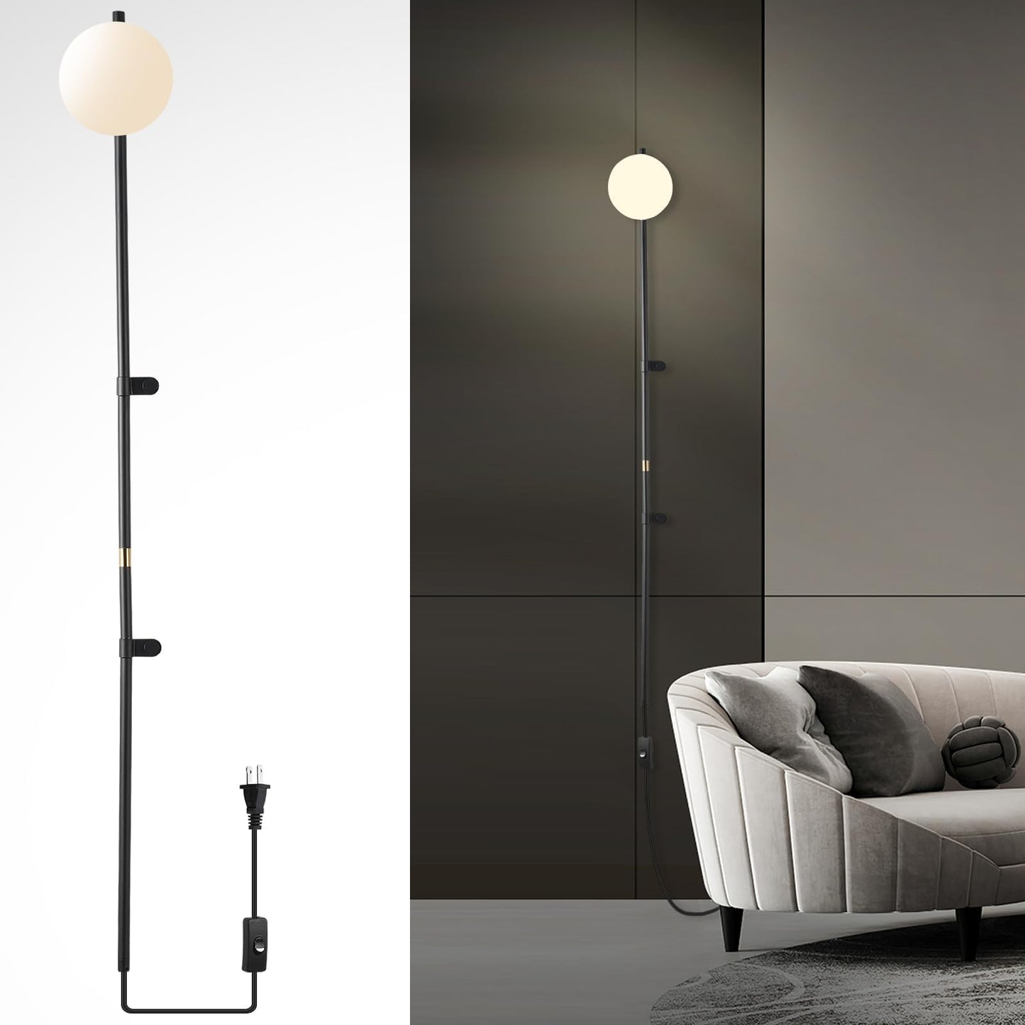 HOMLUCE Modern Plug in Wall Sconce Globe Shade Indoor Wall Light, LED Wall Mounted Lamp with Plug in Switch, Wall Lamp for Bedroom Living Room Study