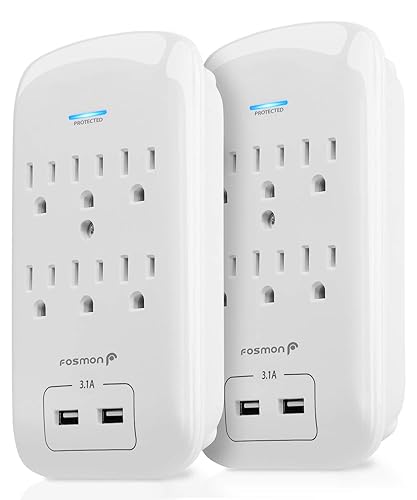Fosmon 6 Outlet Surge Protector 1200 Joules with 2 USB Ports Charger (3.1A), Multi Plug Outlet Extender 1875 Watt, 3-Prong Grounded Wall Tap Adapter