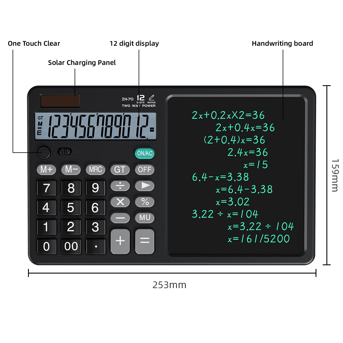 Desk Calculator with Erasable Writing Pad, 12-Digit Wide Screen Display, 100,000+ Reusable LCD Notepad, One-Click Clear & Lock Function, Solar