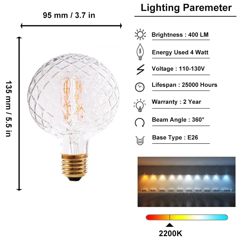 Vintage LED Edison Bulb G30 4W Dimmable LED Filament Bulb Globe Pineapple Shaped Light Bulb 2300K Warm White E26 400LM Equivalent 40W Incandescent