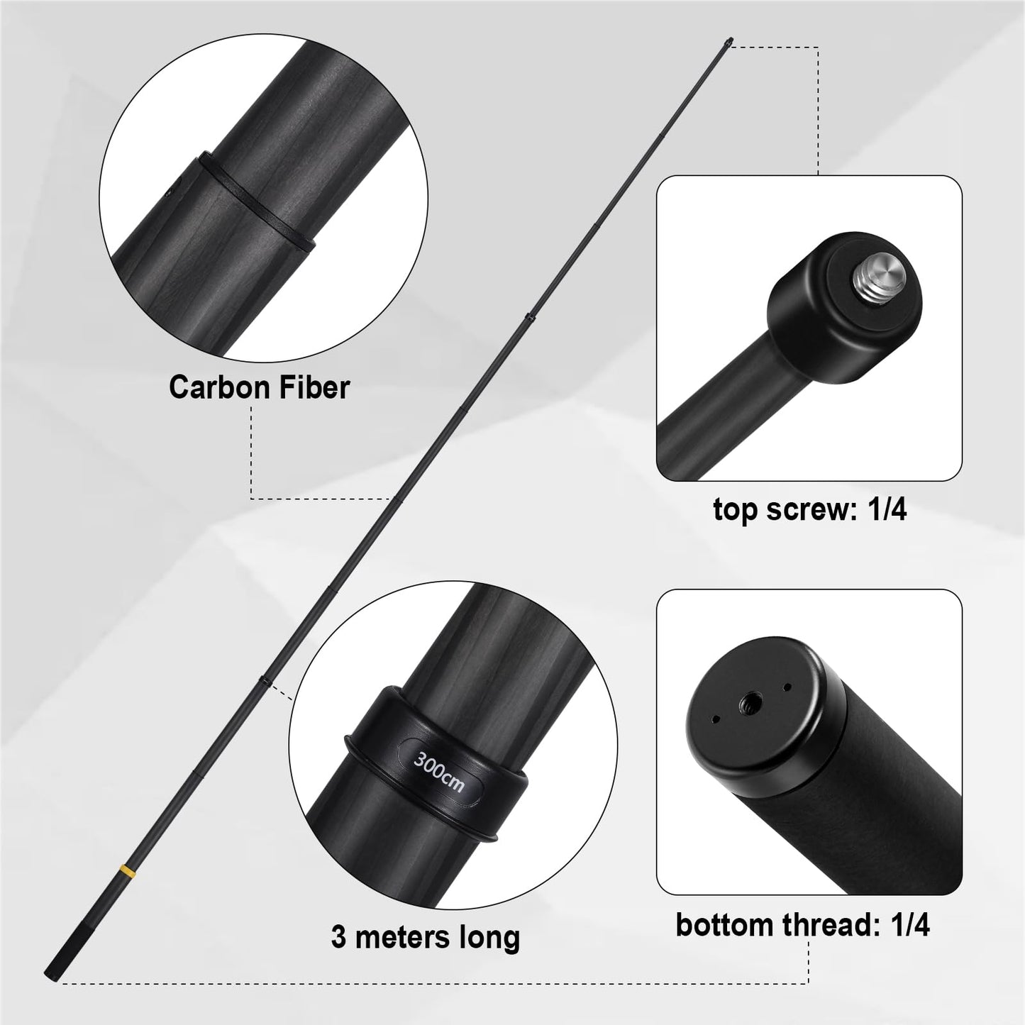 Rukkawwa 36cm Extended to 3m Super Long Carbon Fiber Invisible Selfie Stick for Insta360 for Insta 360 X5 X4 X3 X2 ONE R/RS for GoPro max for DJI OSMO
