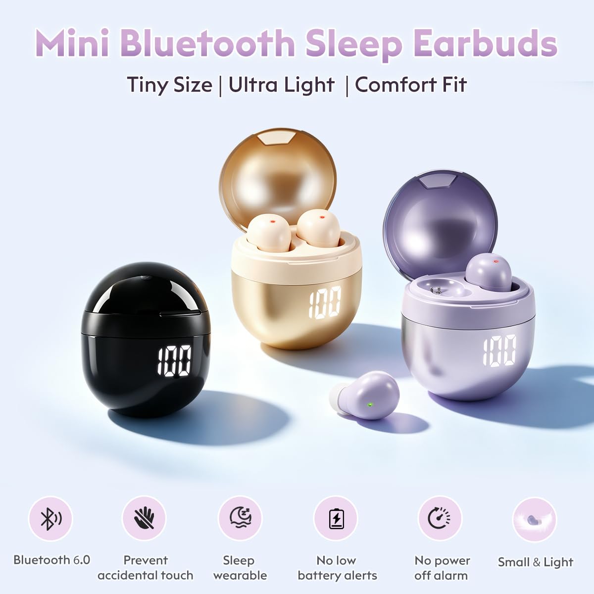 GreatQIQI Mini Wireless Sleep Earbuds for Side Sleepers, 0.08oz Invisible Earbuds for Small Ears, Bluetooth 6.0 Sleep Headphones, No Alert Sounds, LED
