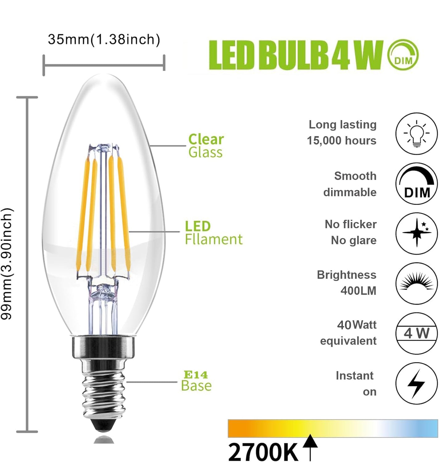 SSQY E14 LED Bulb Dimmable, 40W Equivalent, Filament Clear Glass, Soft White 2700K, 4W 400LM B11 Bulbs for for Turkish Lamp, European Chandeliers, 6