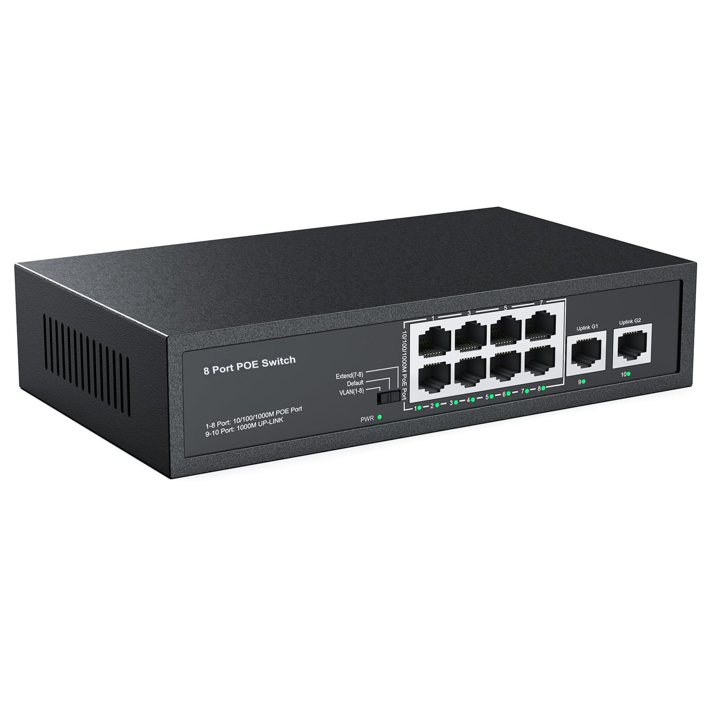 Real HD 10 Port PoE Switch, 8 Ports PoE+ 2 Uplink Unmanaged 100Mbps Switch, High Total Power Budget 120W, 802.3af/at Compliant, Work with IP Cameras