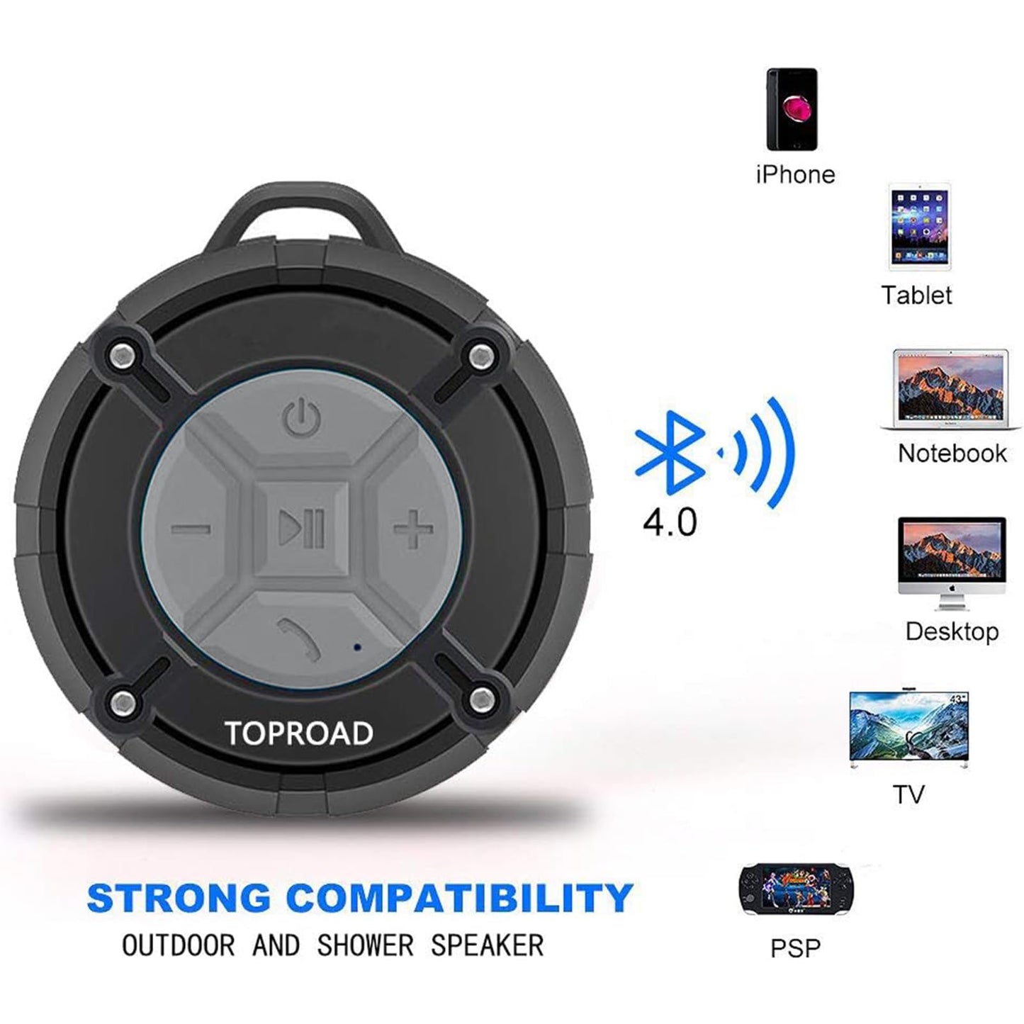 TOPROAD Portable Shower Speaker, IPX7 Waterproof Wireless Outdoor Speaker with HD Sound, 2 Suction Cups, Built-in Mic, Hands-Free Speakerphone