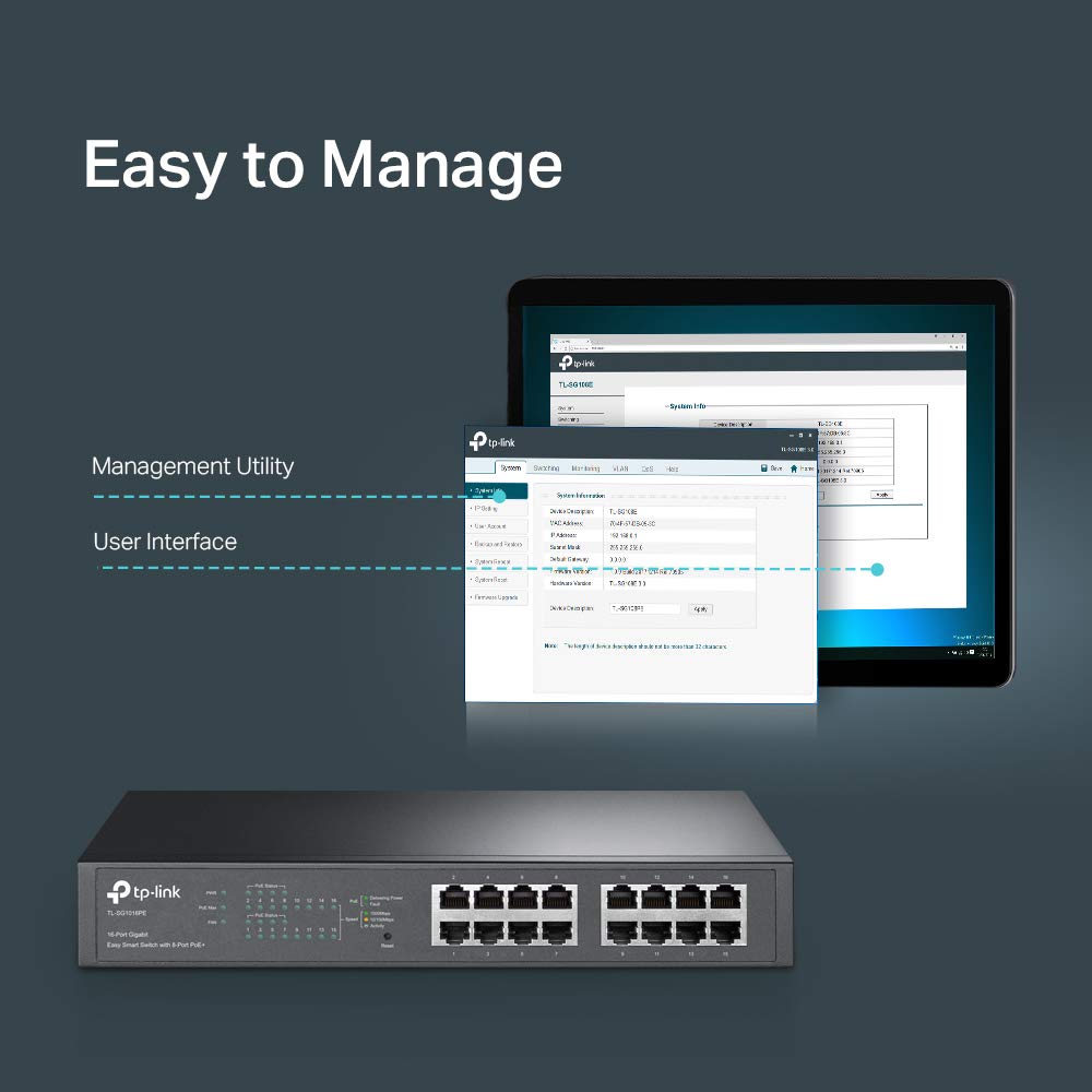 TP-Link TL-SG1016PE | 16 Port Gigabit PoE Switch | Easy Smart Managed | 8 PoE+ Ports @150W | Plug & Play | Sturdy Metal w/ Shielded Ports | QoS, Vlan