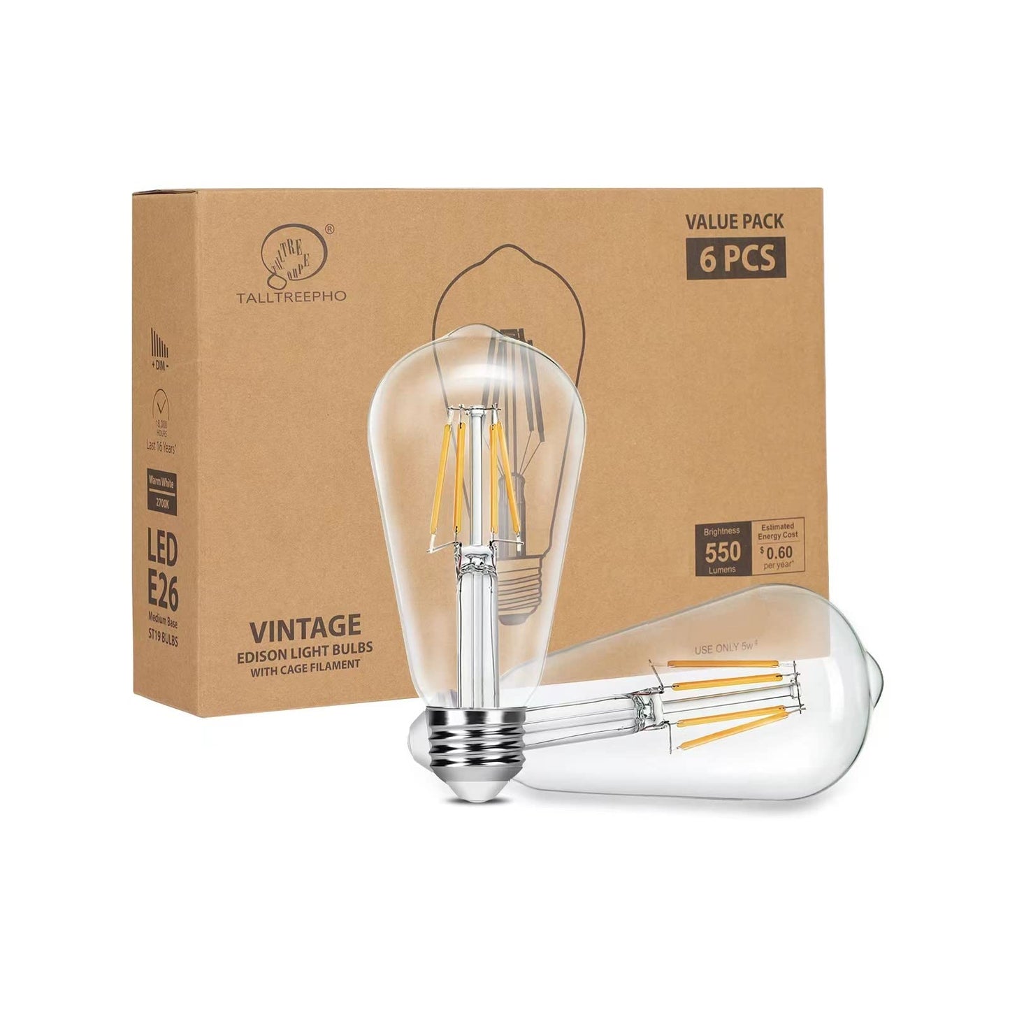 Talltreepho Vintage LED Edison Bulb 50W Equivalent, 550 Lumen Soft White 5W Antique LED Bulbs, ST58 Dimmable Edison Light Bulb, 2700 Kelvin Warm White