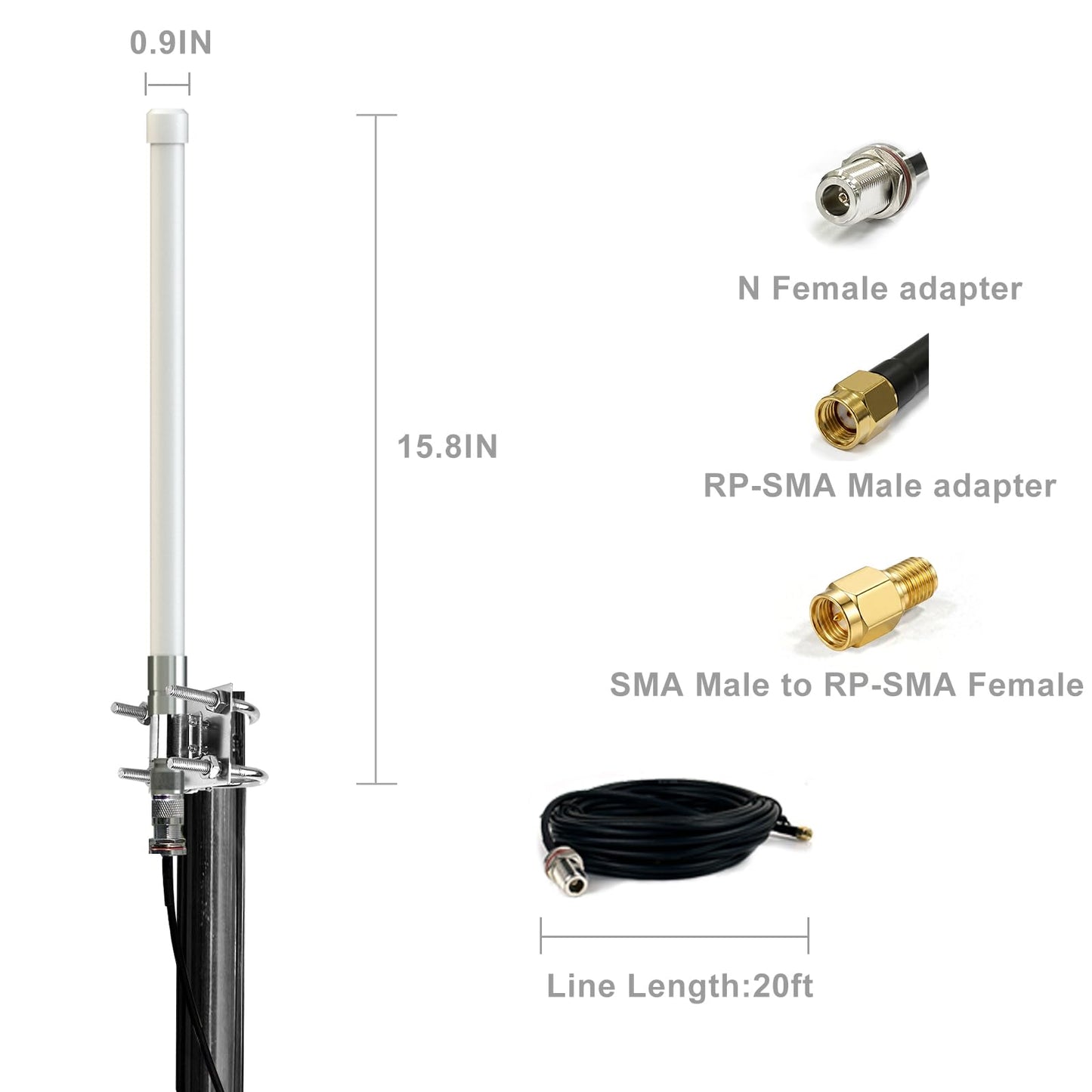 Waterproof 5.8dBi LoRa 915MHz Omni Directional Fiberglass Antenna with 20ft Low Loss Cable Connector for RAK Nebra Bobcat 300 SenseCAP M1 Hotspot HNT
