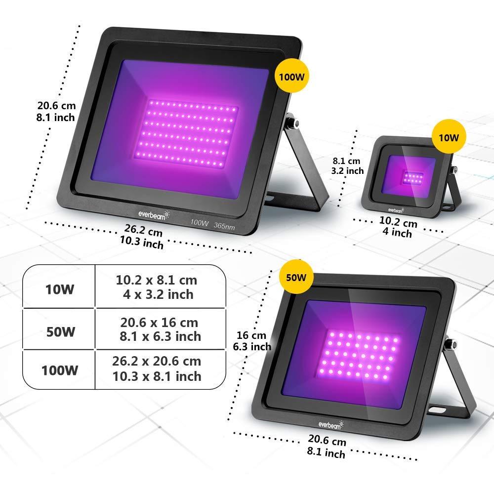 Everbeam 395nm 10W UV LED Black Light - High Performance Bulbs, IP66 Waterproof - Ultraviolet Flood Lighting for Aquarium, Indoor or Outdoor Parties