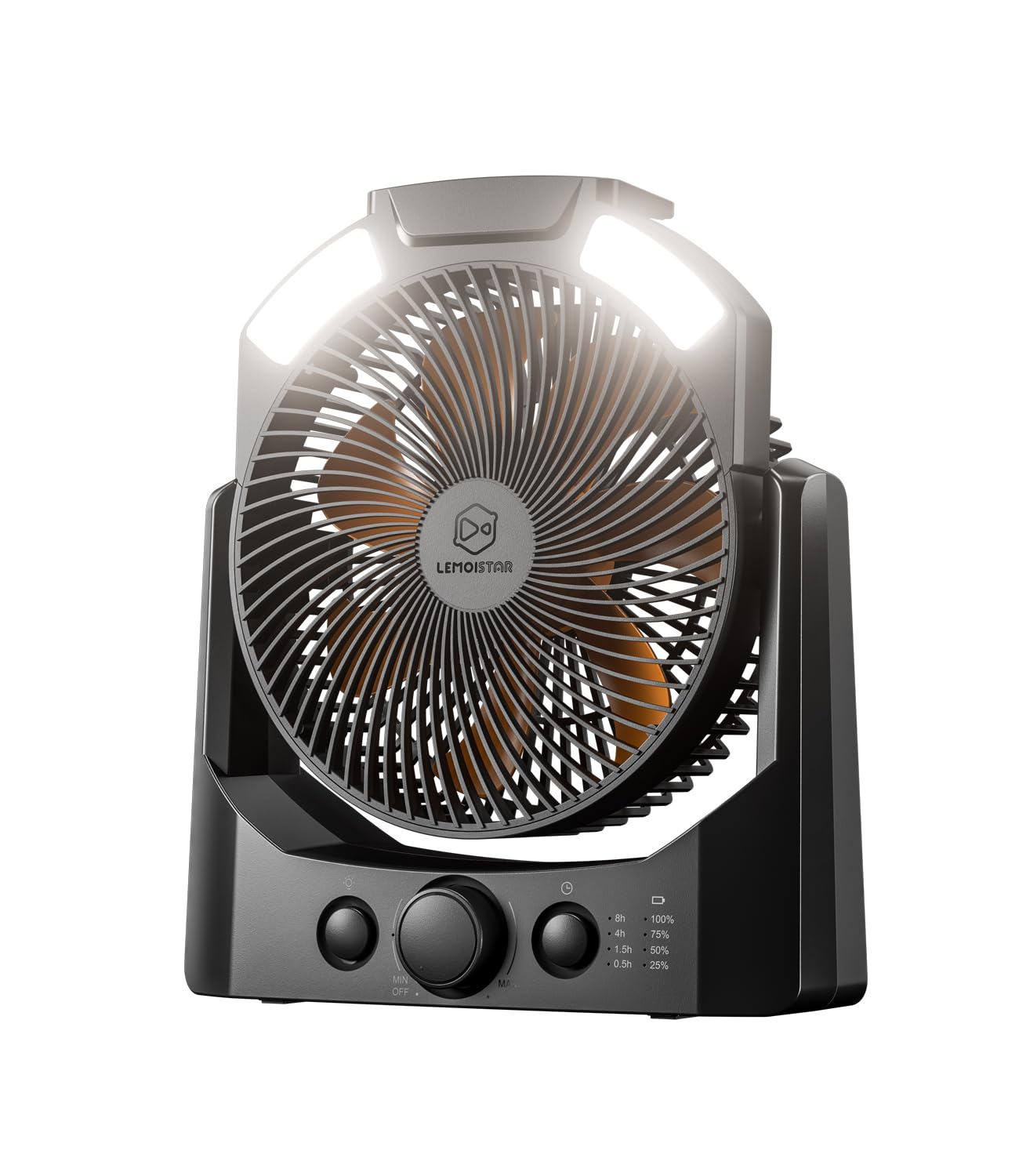 Camping Fan with LED Lantern, 8 Inch D-Cell Battery Operated Desk Fan with Timer, High Velocity Stepless Speed Control, Quiet,SOS Light, 180° Rotation