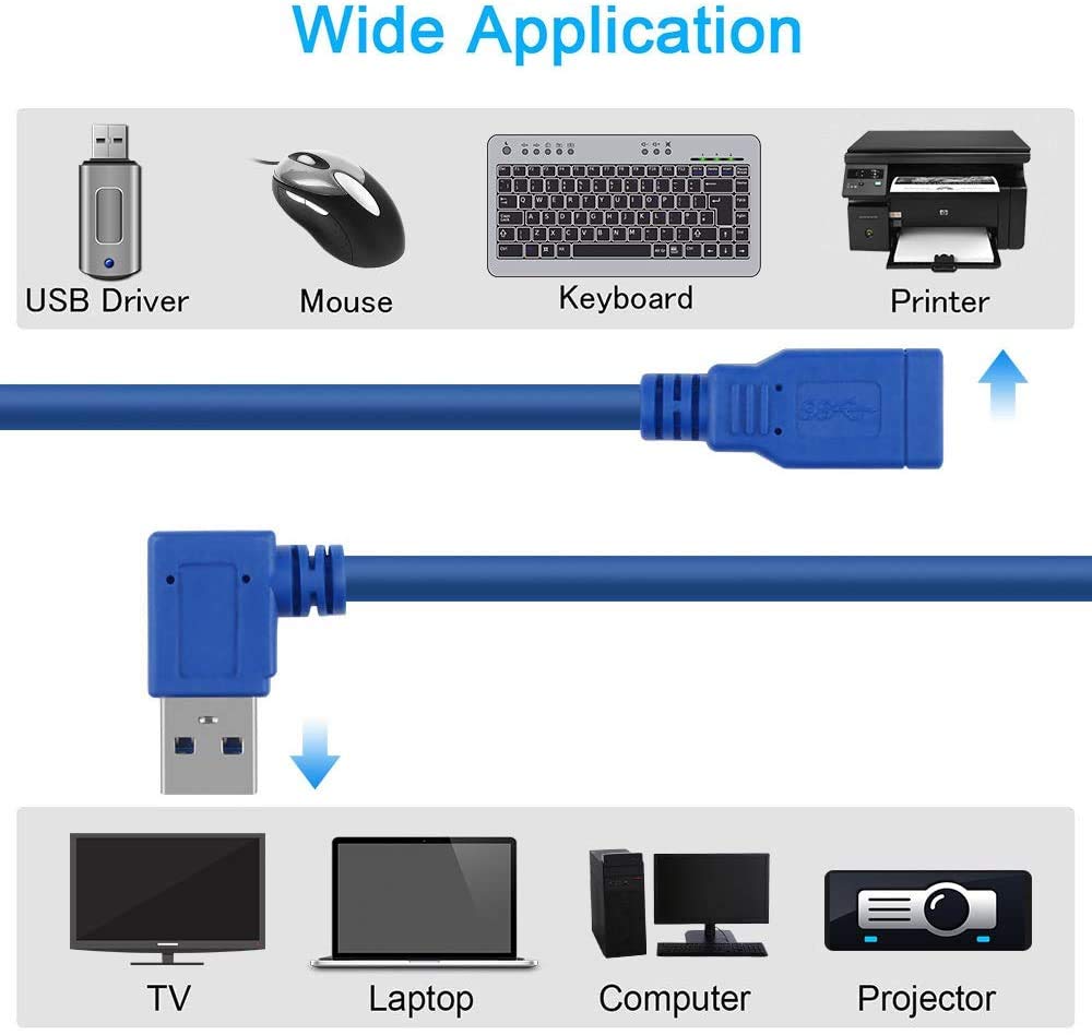 USB 3.0 Extension Cable 1FT 2 Pack 90 Degree Left & Right Angle USB Adapter Male to Female Short USB3 Cables Up & Down for Laptop TV USB Disk Mouse