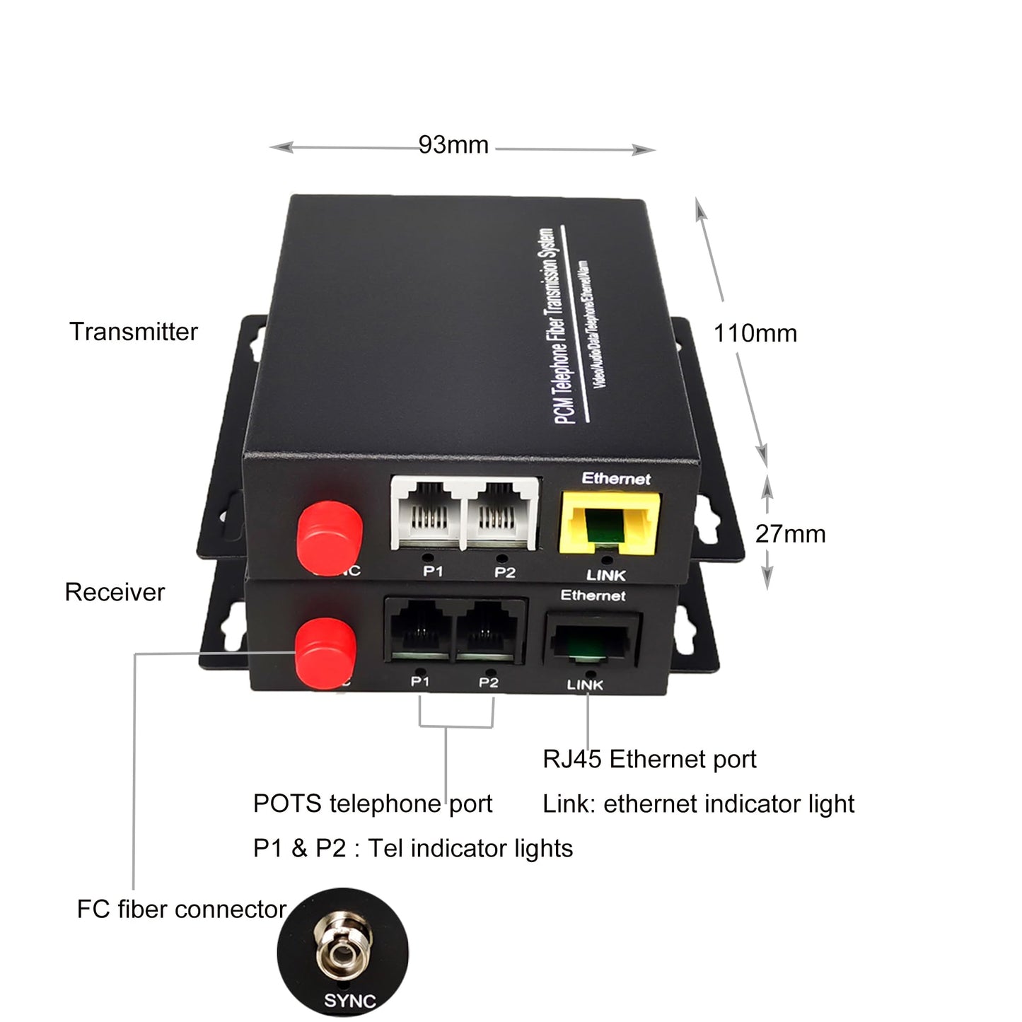 Hebbeko 2 Channels POTS Telephones and 10/100Mbps Ethernet Over Fiber Optic Extenders FC-FC Singlemode up 20Km Support Called id Ring and Fax No Delay