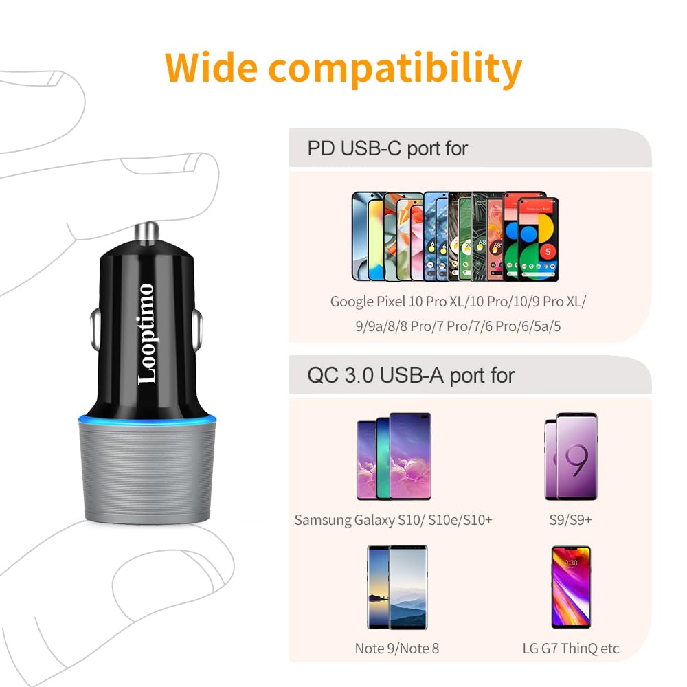 45W Fast USB C Car Charger for Google Pixel 10/10 Pro/10 Pro XL/9/9a/8/7, Galaxy S26+/S25 Ultra, Looptimo Android Phone Plug PD & QC3.0 Cigarette