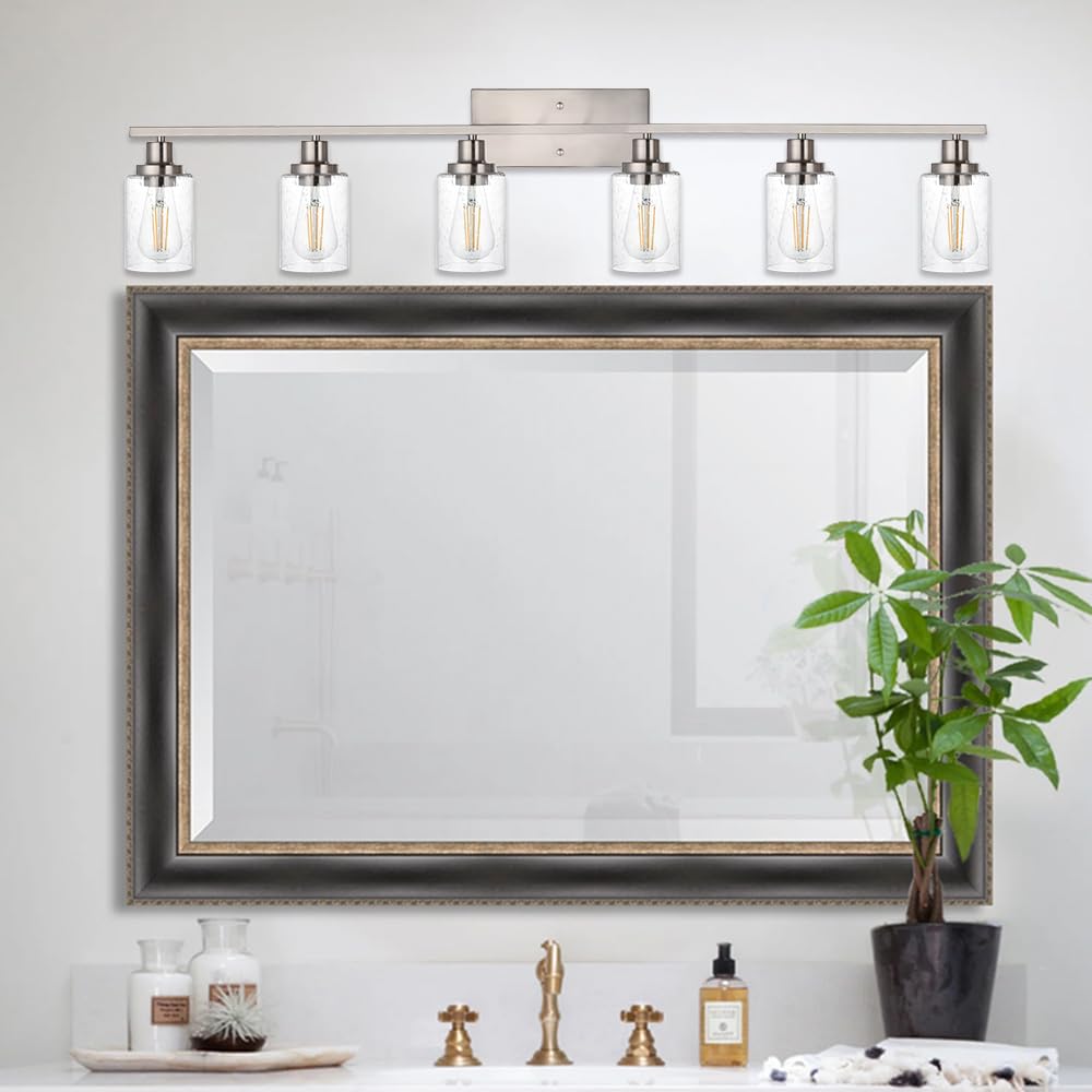 WINSHEN 6-Lights Bathroom Vanity Light Fixtures with Seeded Glass Lampshades, 45.3-Inches Length Modern Brushed Nickel Wall Light Fixture for Kitchen