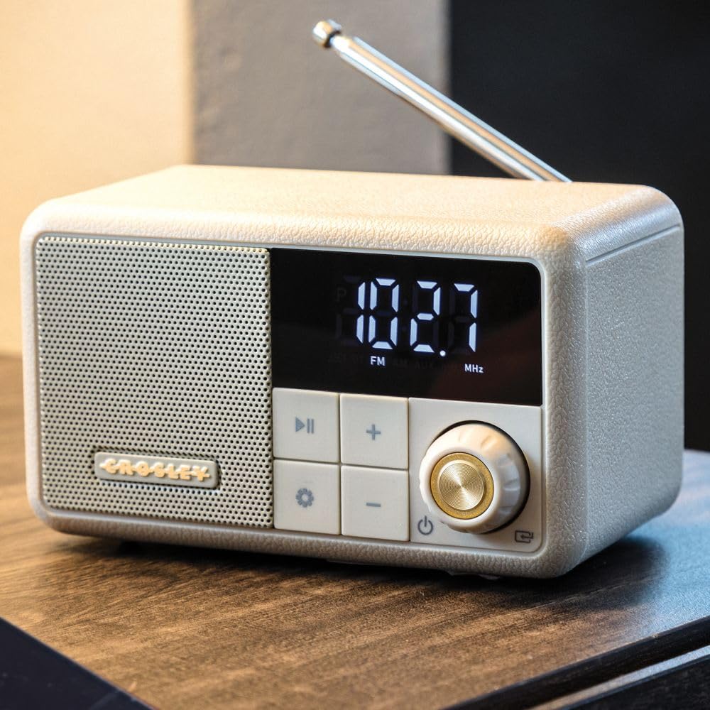Crosley CR1121A-PB Cooper Retro AM/FM Radio, Portable Bluetooth Speaker with Aux Input and LED Display, Pebble