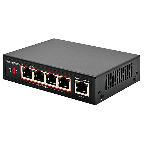 60W 4-Port Gigabit PoE Switch/Extender PoE Splitter Repeater, 10/100/1000Mbps, Supports IEEE 802.3af/at for Ethernet Extension, 6KV Lightning