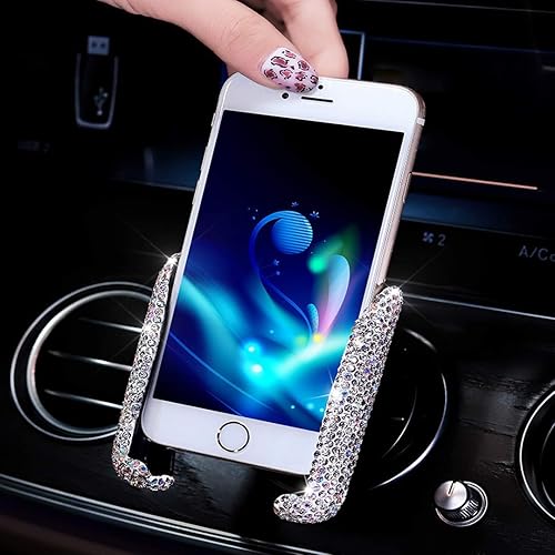 SUNCARACCL Bling Car Phone Holder Mini Dash Air Vent Automatic Phone Mount Universal 360°Adjustable Crystal for Women and Girls (White)