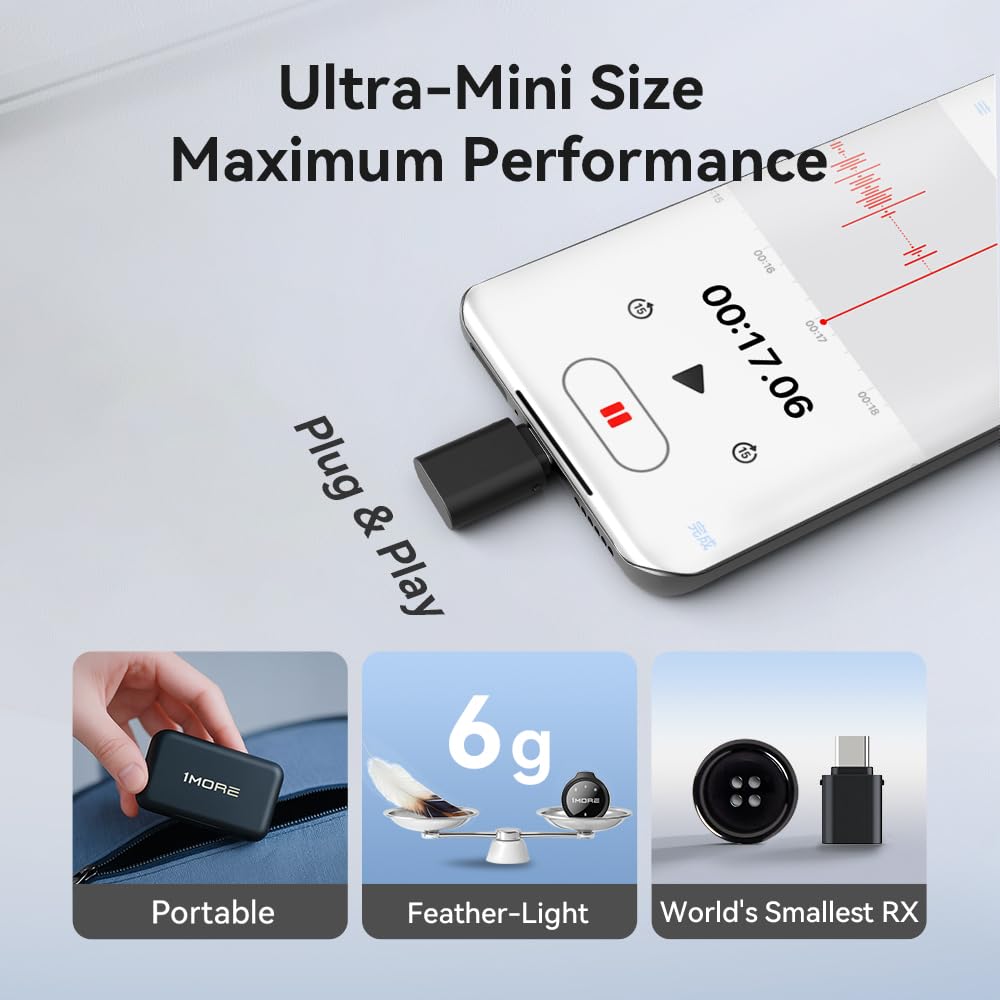 1MORE Mini Wireless Microphone (2 TX + 2 RX), Wireless Lavalier Microphone for iPhone/Android, High Fidelity Audio, Noise Cancellation, 18H Playing