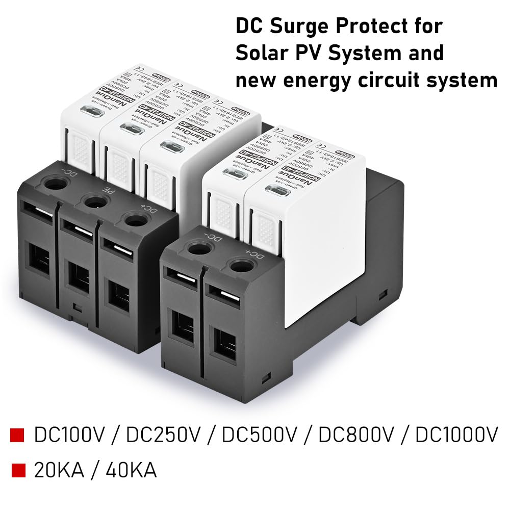 DC SPD Surge Protector for 100V-1000V PV Systems, 2-Pole 40kA T2 Level, Replaceable Module, Solar Panel Lightning Protection, Overvoltage Protection