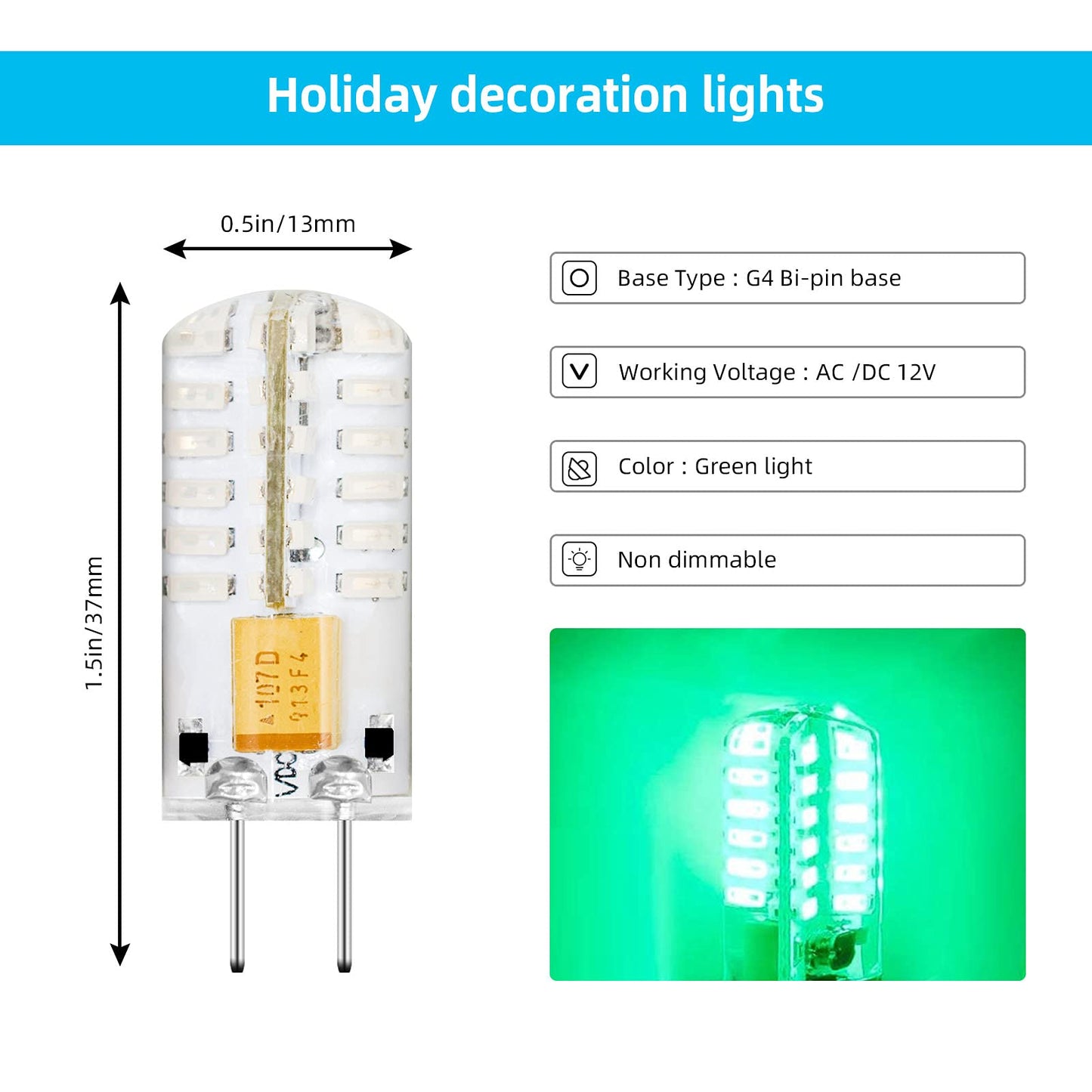 TZHILAN Green G4 LED Light Bulb 12V AC/DC 2W 48×3014 SMD 20W Halogen Bulb Equivalent, Capsule Spotlight Lamps for Landscape Holiday Decoration