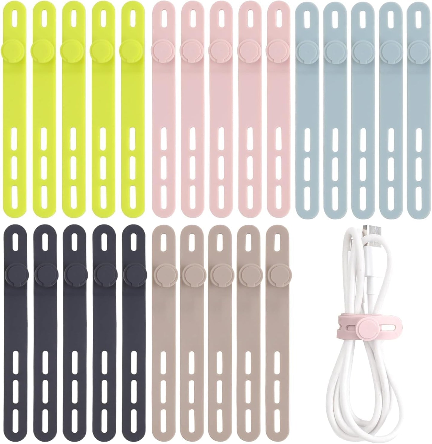 Oligei 25 Pcs Silicone Cable Ties, Cable Ties Reusable, High Elasticity Cord Wraps for Electrical Cords, Cord Organizer for Earphone, Phone