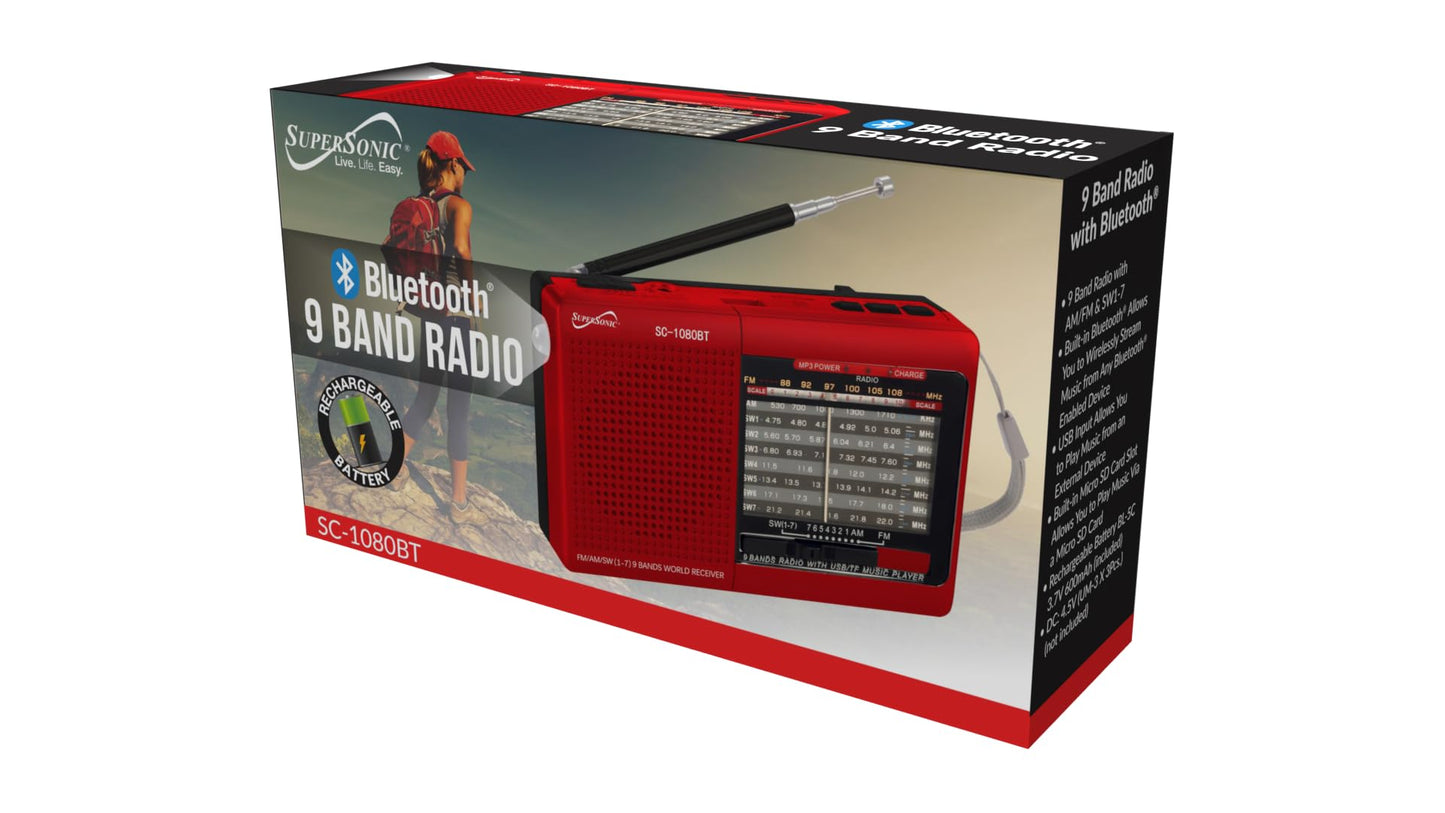 Supersonic SC-1080BT 9-Band Radio with Bluetooth, Portable Small Multi Band Radio Stereo, USB and Micro SD Input, Torch Light, and Rechargeable