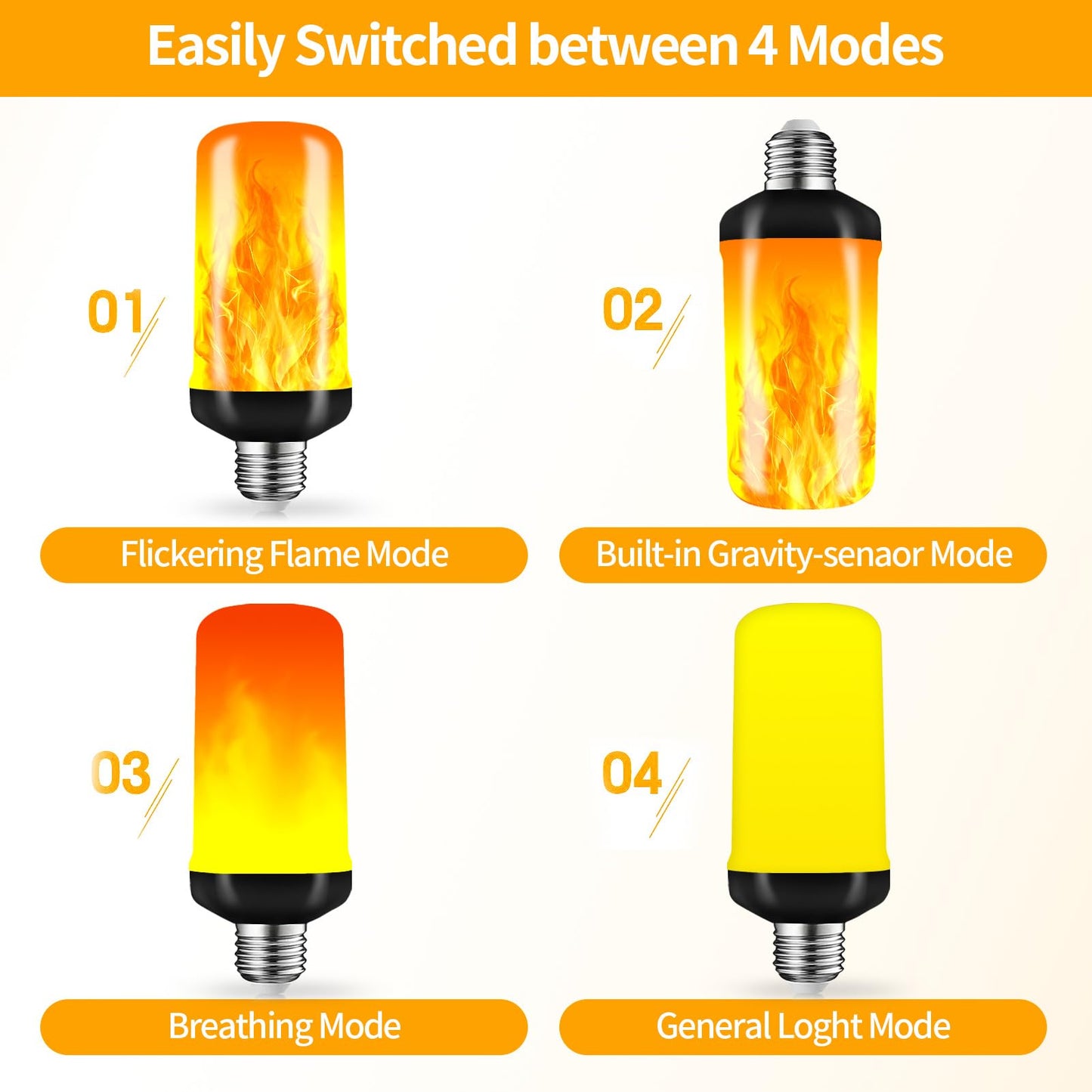 KKHLGB LED Flame Light Bulbs, Flickering Light Bulbs 4 Modes with Gravity Sensor, E26 Base Fire Light Bulb for Halloween, Christmas,Porch, Patio
