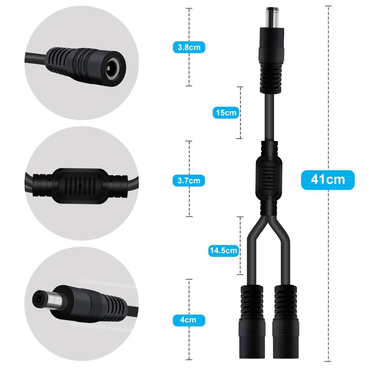 YINGAYOU DC Splitter Cable 5.5 x 2.1mm DC 2 Way Splitter 5V 6V 9V 12V 24V 3A, for Security Cameras, DVR, Router, Printer, LED Strip (1 Male 2 Female