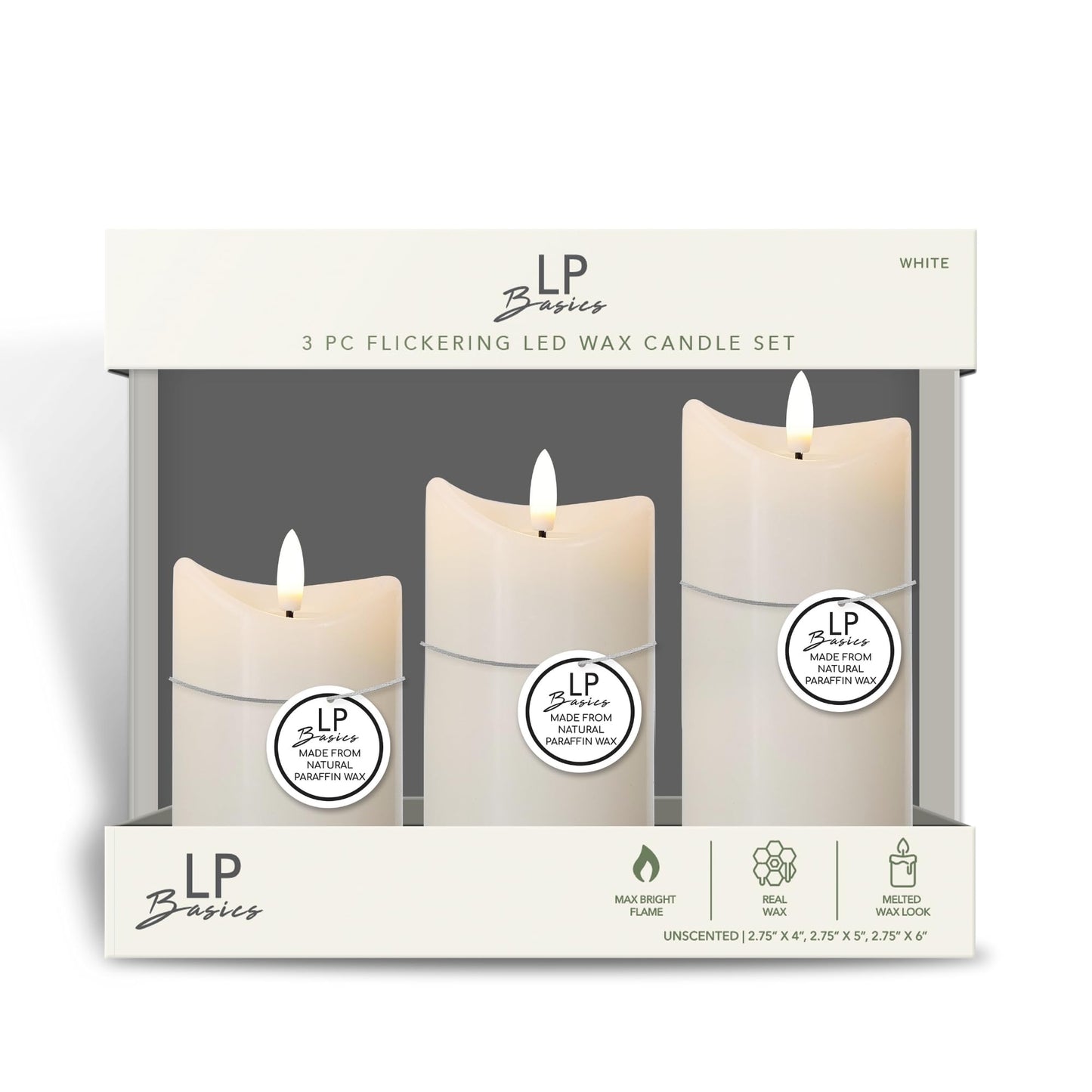 LumiPur Basics Flameless Flickering Wax Pillar LED Candles 2.75" x 4" 5" & 6" (3 Pack, Linen White)