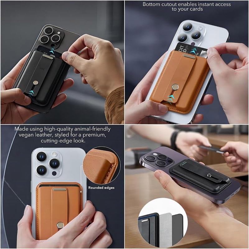 zhuja Phone Wallet Stand, Strong Magnetic Cellular Card Holder for iPhone 17/16/15/14/13/12 Series, Vegan Leather Magnetic Cell Wallet