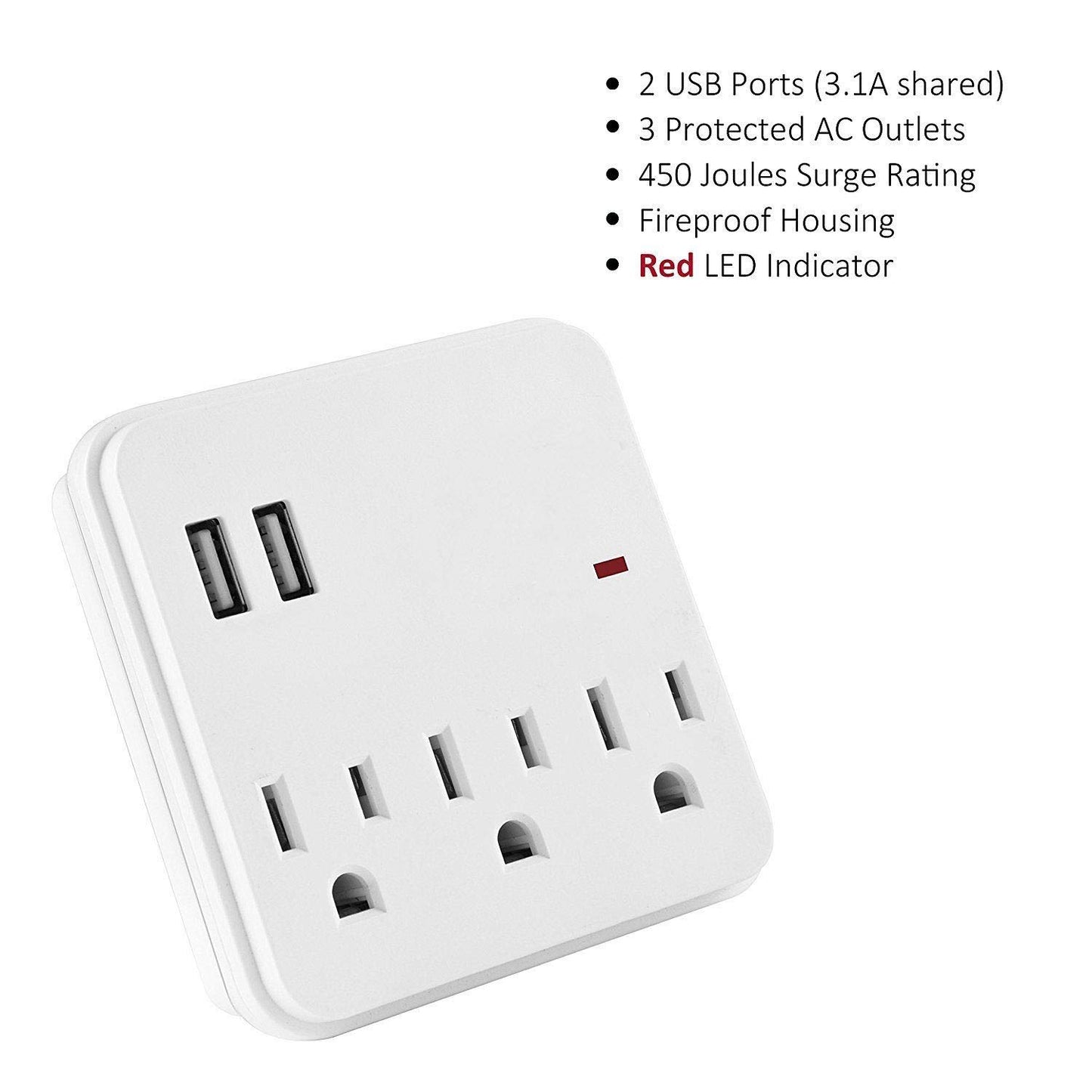 Seven Star 3 Outlets Wall Tap Surge Protector with 2 USB Ports - 300 Joules of Surge Protection AC Power Plug